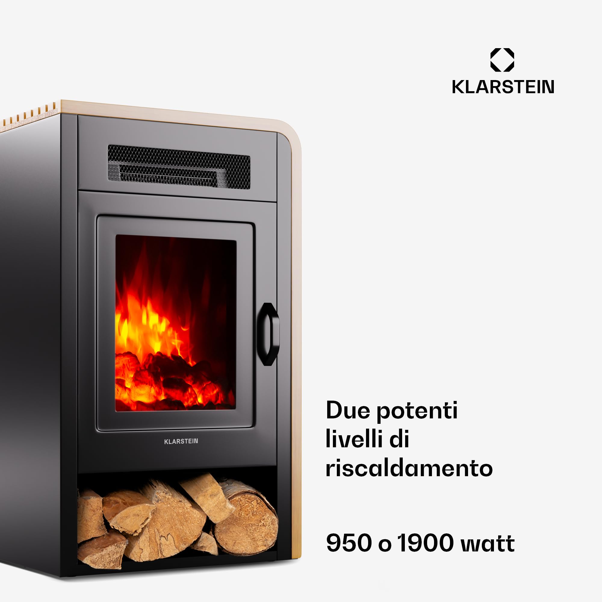 KLARSTEIN Camino Elettrico Basso Consumo, Camino da Terra con Mensola, Elettrico da Parete, Caminetto 1900W, Finto Decorativo con LED, Telecomando, Timer, Controllo Temperatura