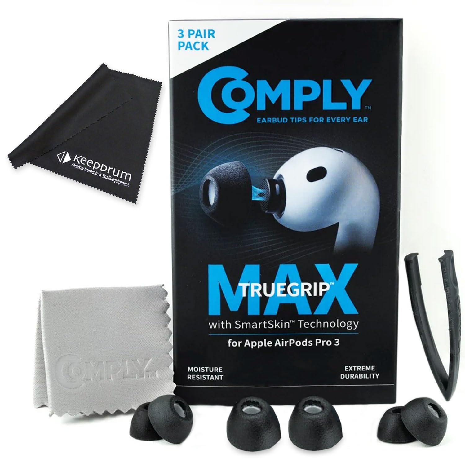 Comply TrueGrip MAX Bouchons d'oreilles pour Pods Pro 3 Noir Taille L Avec chiffon Keepdrum