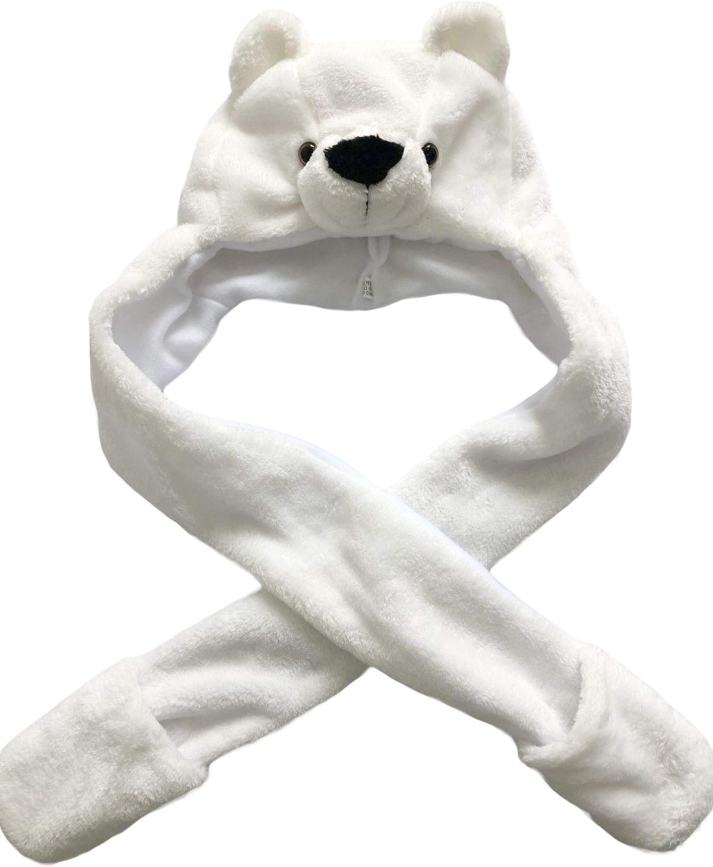 Animal Hood Hat for Kids and Adults One Size, Animal Hat with Mittens (Polar Bear)
