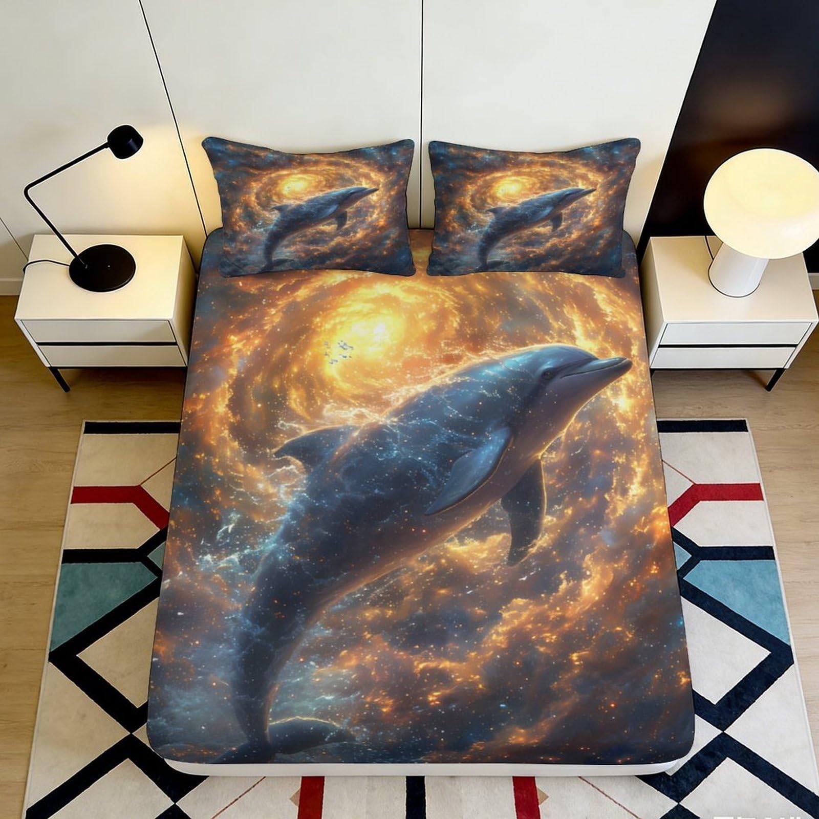 3D Printed Galaxy Dolphin Fitted Sheet Microfiber Soft Breathable Cosmic Nebula Mattress Cover for Bedroom Dormitory Guest Room Mattress Protection Decor 140x200x25cm
