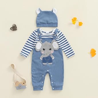 Newborn Baby Boy Clothes Striped Romper Overall Dungarees Hat Set