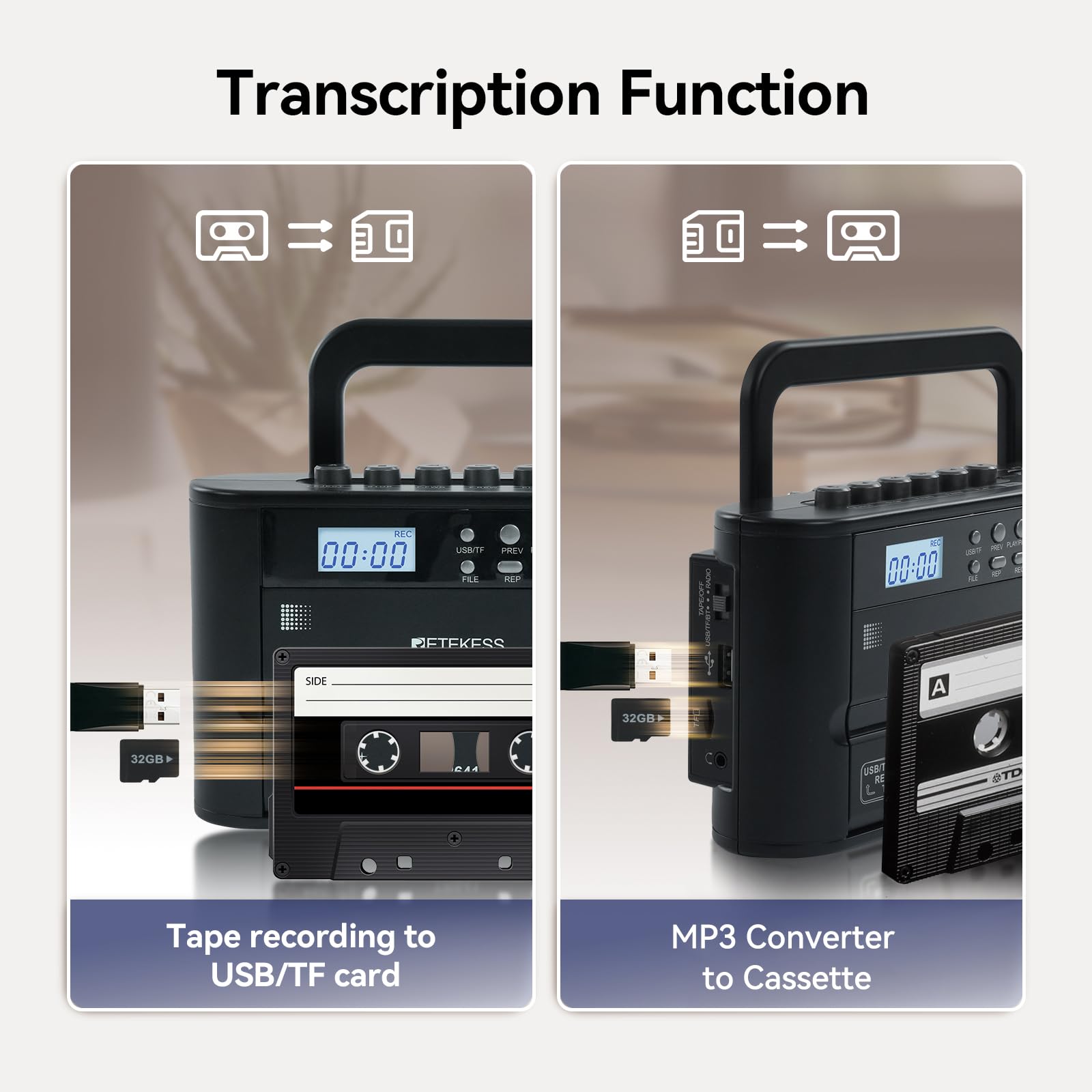 Retekess TR641 Lettore di Cassette Radio Portatile FM AM USB TF Wireless