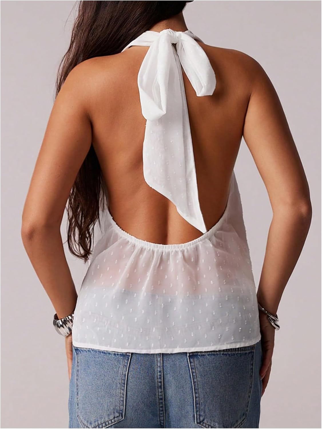 MAKEMECHIC Women's Tie Back Halter Tops Mesh Swiss Dots Knot Backless Sleeveless Tank - Image 3