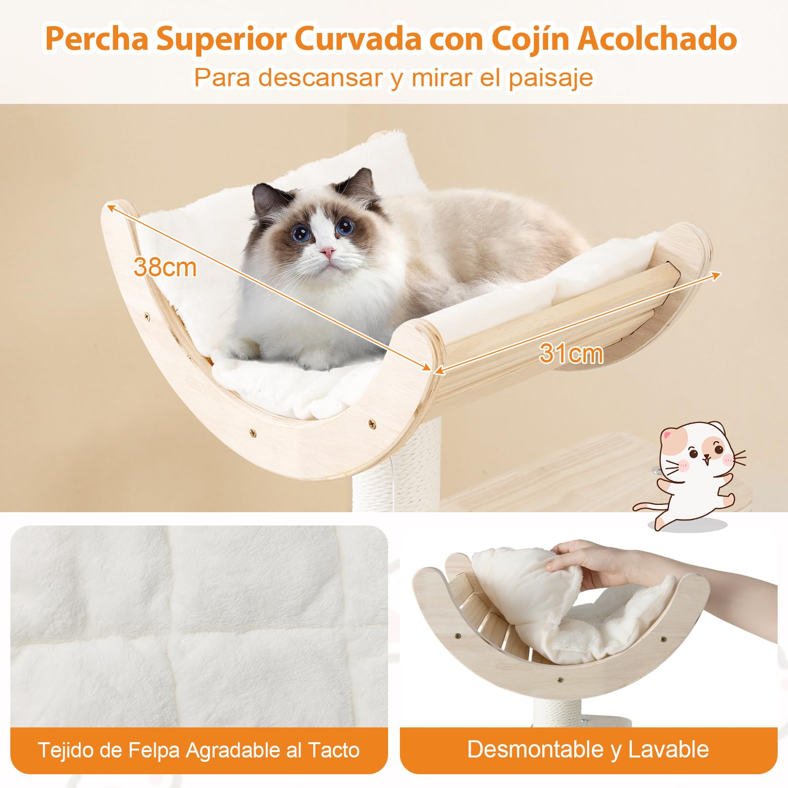COSTWAY 141 cm Árbol Rascador para Gatos de Madera, Torre para Gatitos Multinivel con Condo, Cama Curvada, Hamaca, Postes Rascadores, Bola Colgante y Cuerda, Cojines Lavables, Castillo Gatos Interior