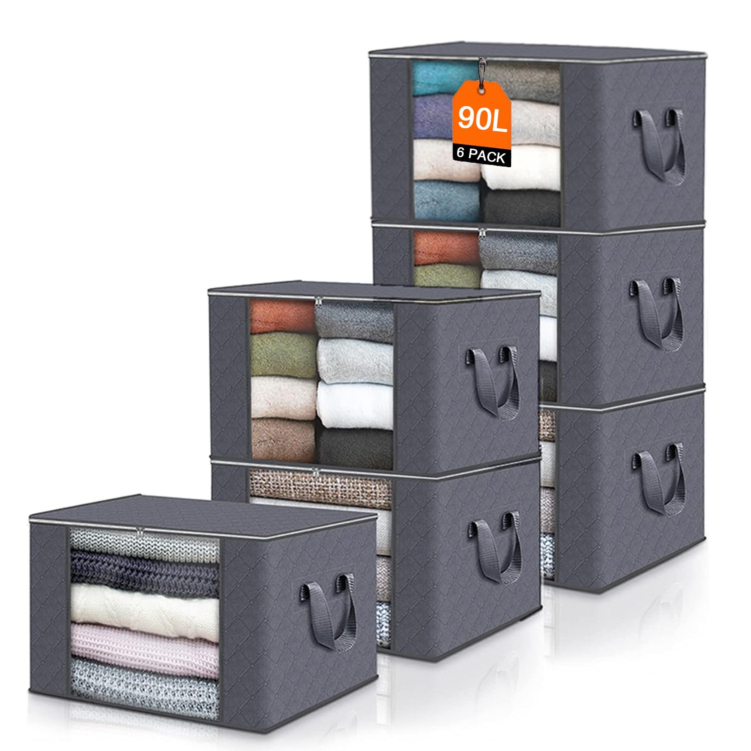 Sacs de rangement vetements 90L lot de 6 boites pliables avec poignee pour demenagement