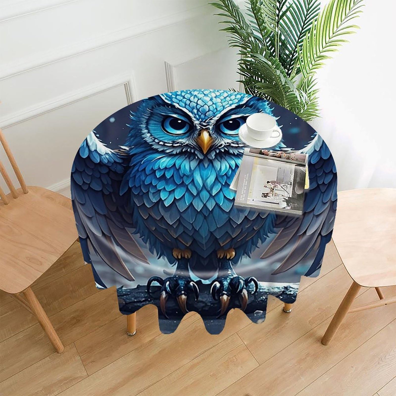 FekiLoot Blue Owl Round Tablecloth Cover 60 Inch Wrinkle Free Washable Polyester Fabric Table Cover Decorative Round Table Cloth for Home Dining Kitchen Party Farmhouse