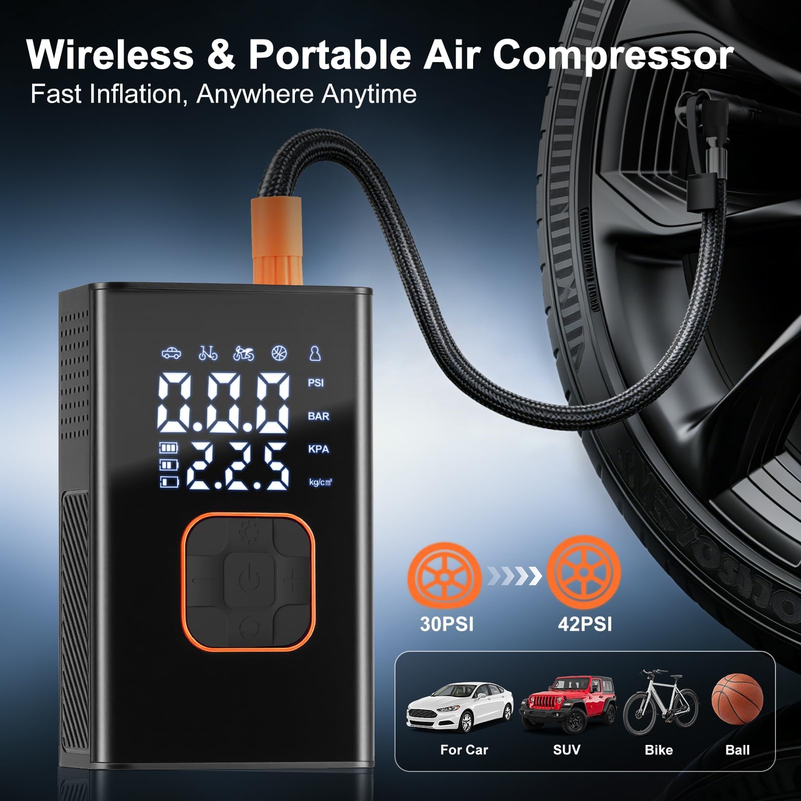Gonfiatore per Pneumatici Portatile per Auto,Compressore d'Aria Portatile, Pompa per Aria Elettrica con Manometro Digitale, Gonfiatore Ricaricabile, Pompa per Pneumatici Auto Portatile
