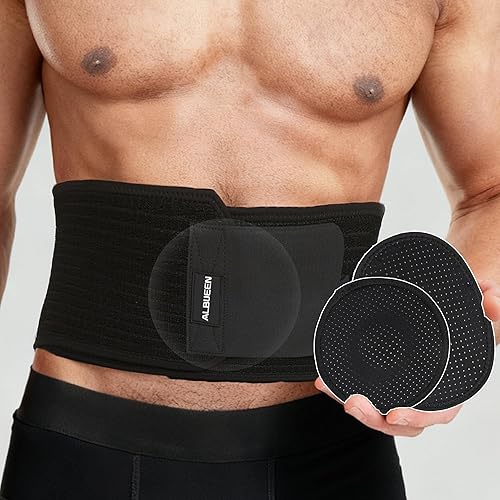 Miniatura 10 de Cinturón de hernia umbilical para mujeres y hombres, carpeta de apoyo abdominal con 2 almohadillas de compresión para hernias epigástricas de