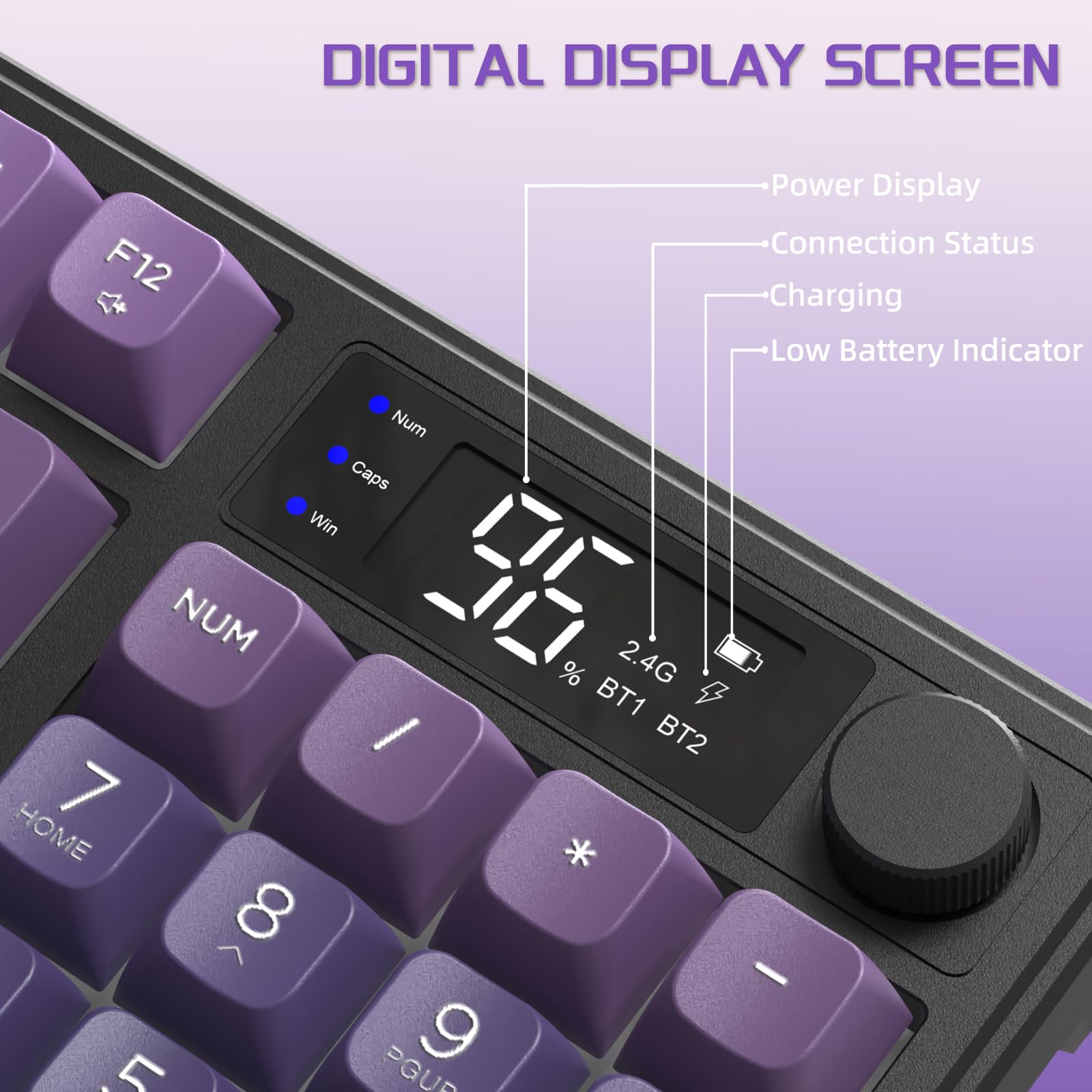 FREEWOLF M96 Tastiera Da Gioco Wireless, Controllo Tramite Manopola Bluetooth/Tastiera Meccanica Wireless 2.4G, Retroilluminazione a LED con Schermo, Copritasto PBT, 3000mAh, QWERTY - Sfumatura Viola