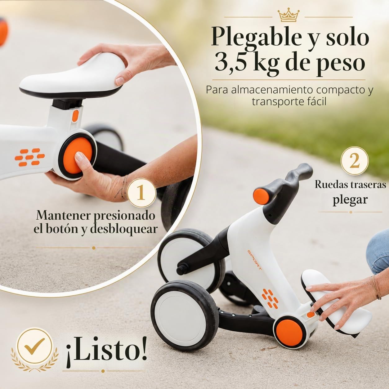 Bicicleta 3 en 1 para aprender a andar y triciclo, para pequeños exploradores a partir de 2 años, plegable, altura regulable (a partir de 32 cm) y con opción de pedal, resistente y segura