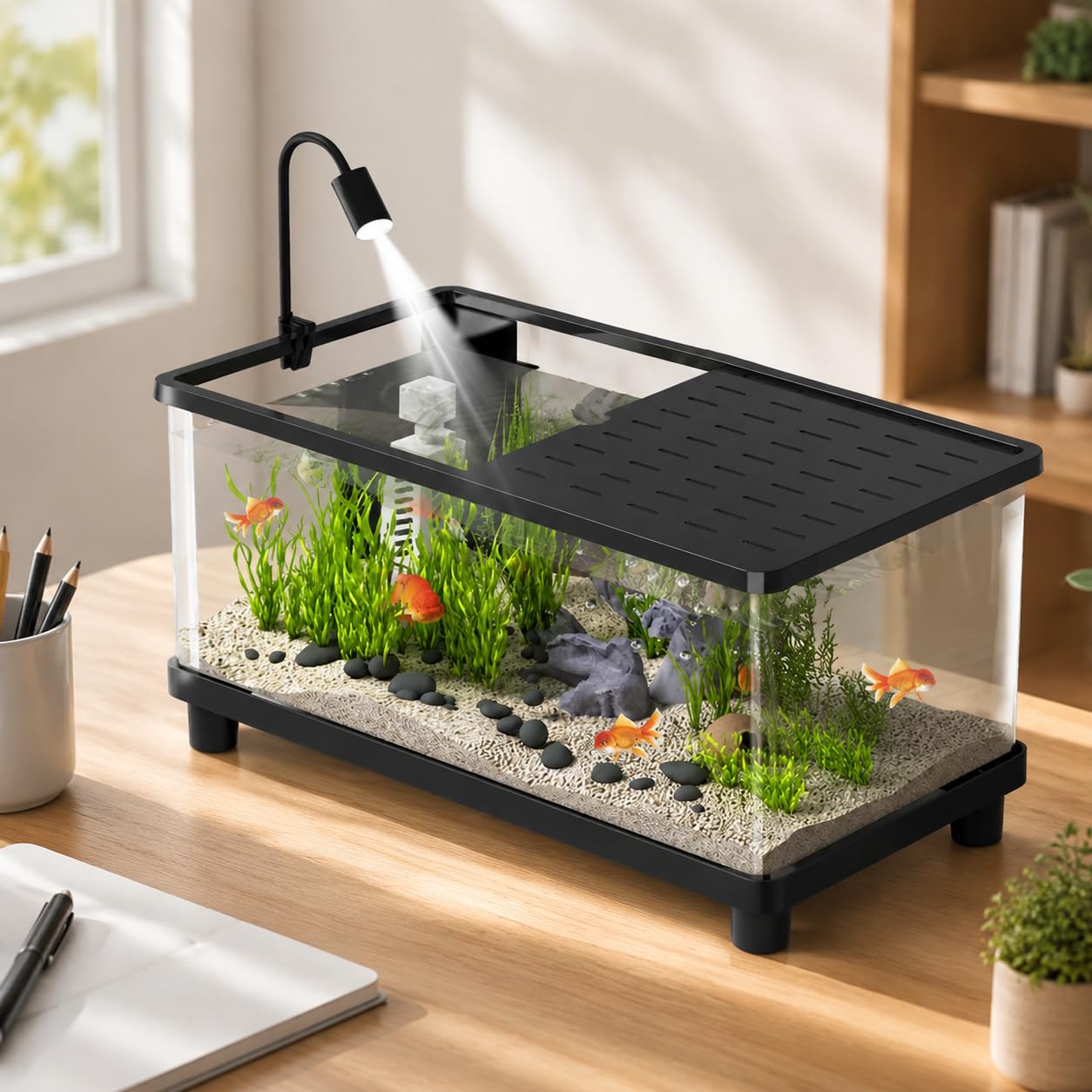 Acquario Completo per Pesci, Kit Acquario Acrilico con Pompa di Aerazione e Filtro, Vasca per Pesci con Decorazioni per Casa e Ufficio