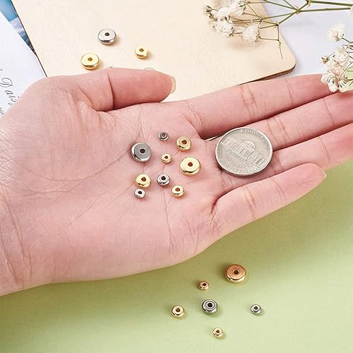 Miniatura 4 de Pandahall 120 cuentas planas redondas de acero inoxidable, 4 tamaños de bola de disco de metal, cuentas sueltas, para pulsera, collar, joyería