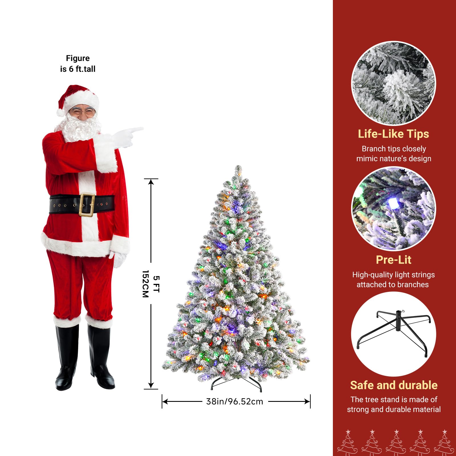 Shareconn 152 cm Sapin de Noël Artificiel Pré-éclairé, Arbre Floqué Blanc avec Support en Métal Pliable, 210 LED de Haute Qualité, 12 Modes d'éclairage, Parfait pour Les Décorations de Noël