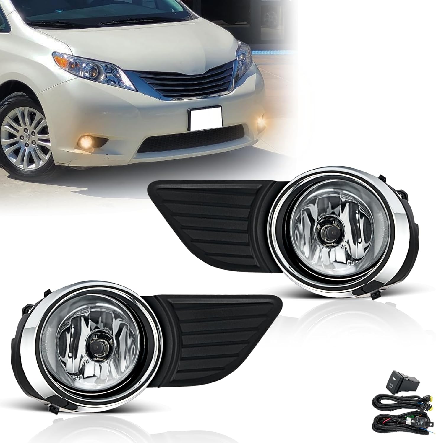 Fog Lights Assembly 2011 2012 2013 2014 2015 2016 2017 Toyota Sienna(Not Fit SE Models) Fog Lights Replacement Kit with Wiring & Switch H11 12V 55W Halogen Bulbs Clear Lens (Chrome Bezel) Clear Lens with Chrome Bezels