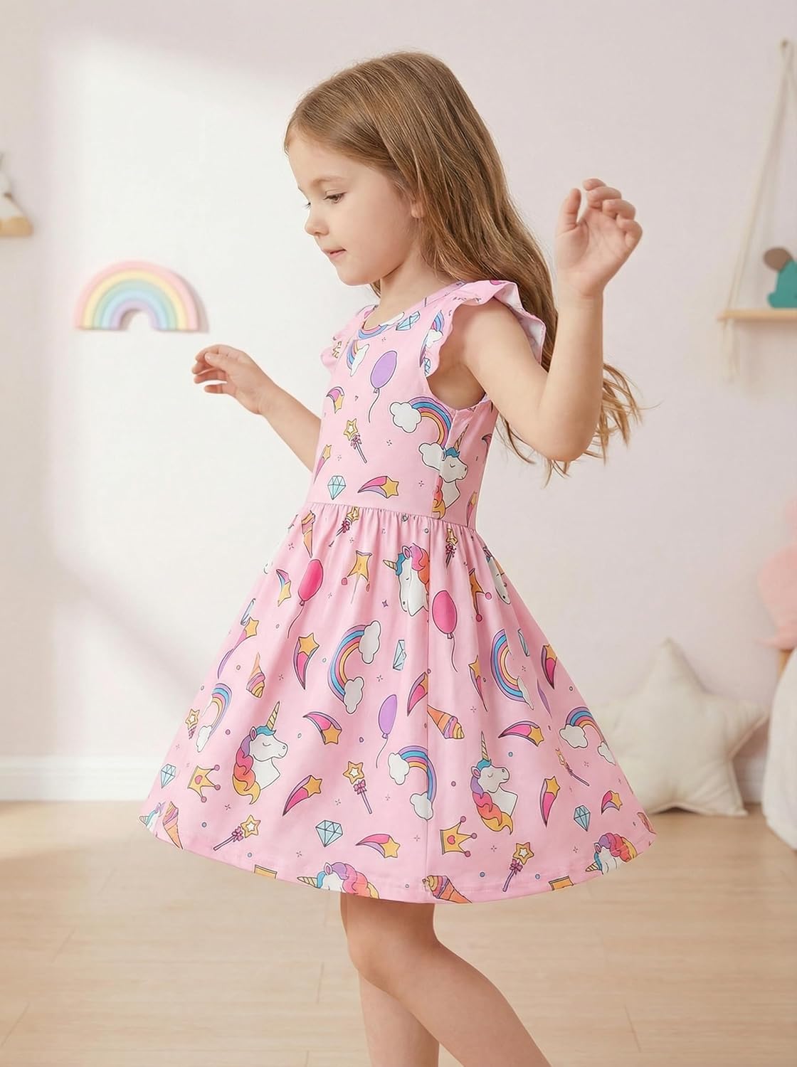 Baby Girls Dress Unicorn Casual Flutter Sleeve Swing Sundress Birthday Party Summer Playwear Dresses 1-8 Years Old - Image 3