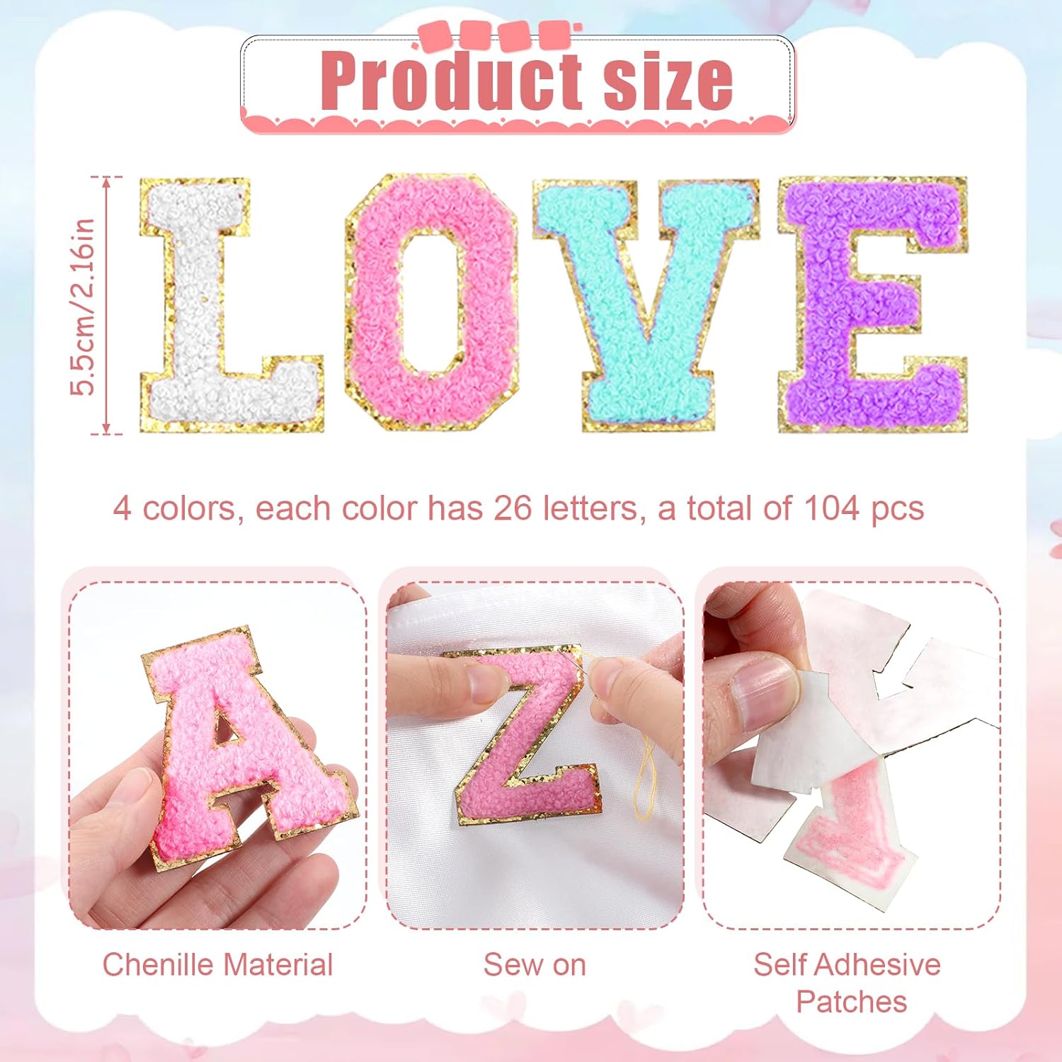 104 Pcs Chenille Letter Patches Iron on Letters, Self Adhesive Letter Patches Chenille Stick on Embroidered Patch for Backpack, Jackets, Clothing, Hats (White, Pink, Purple, Blue) - Image 2