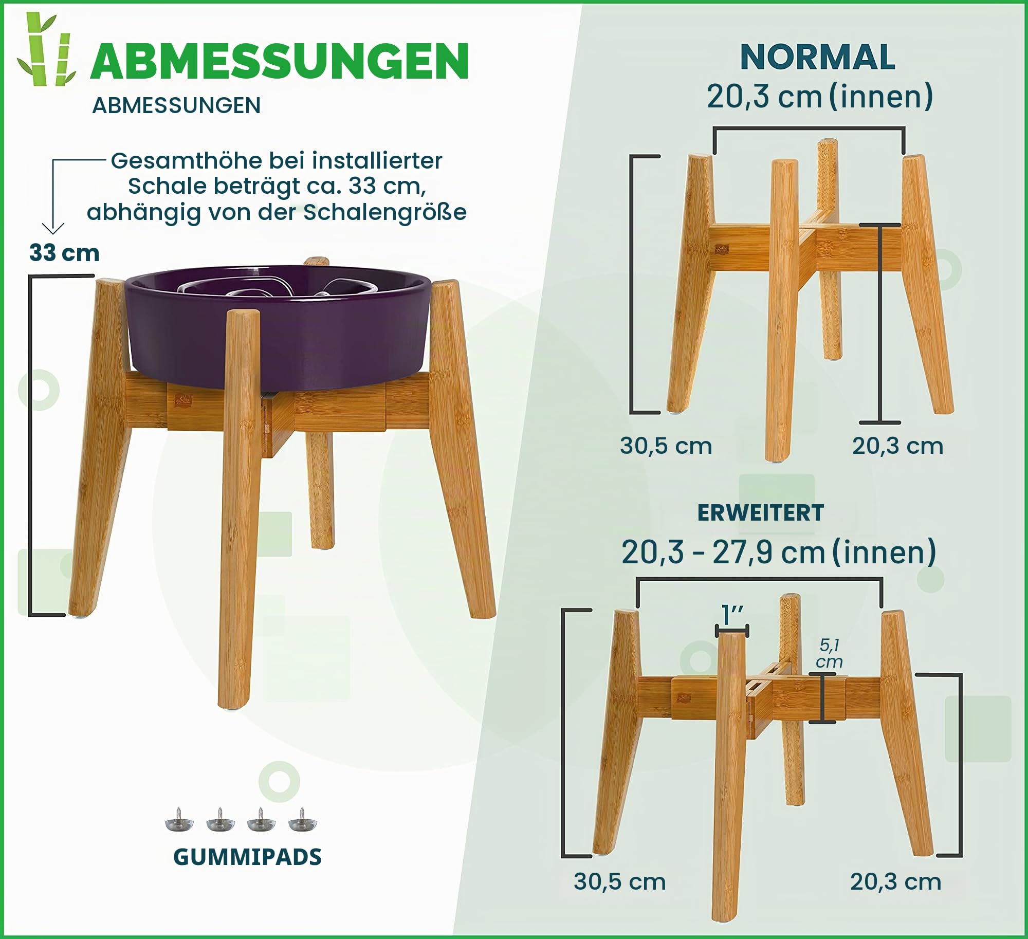 Verstellbarer Hundenapfständer – erhöhter, erhöhter Futternapfhalter – Breite (ausziehbar 17,8-25,4 cm) – natürlicher Bambus