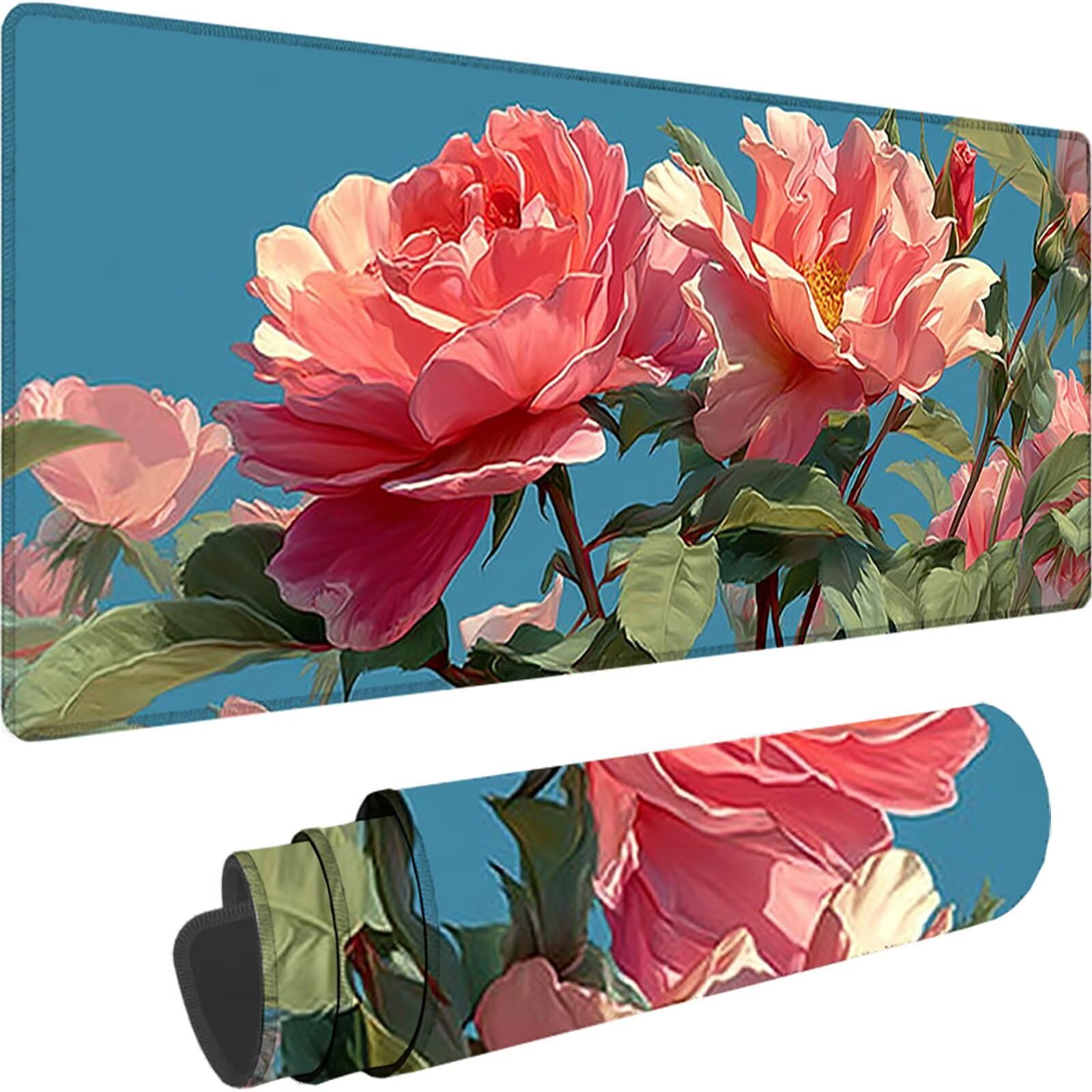 Różowa podkładka pod mysz, duża podkładka pod mysz XXL 1200 x 600 x 3 mm kwiat pod ręką biurko, podkładka pod mysz do klawiatury i biura, z przeszytymi krawędziami i antypoślizgowym tyłem do domu
