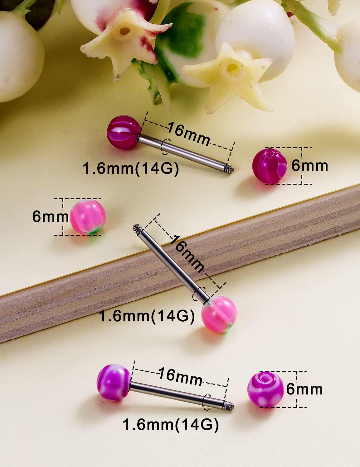 100pcs 14g Tongue Rings Nipple Rings for Women Men Surgical Stainless Steel Tongue/Nipple Piercing Jewelry Plastic Metal Tongue Ring 16MM Acrylic Straight Barbells Body Piercing Jewelry - Image 5