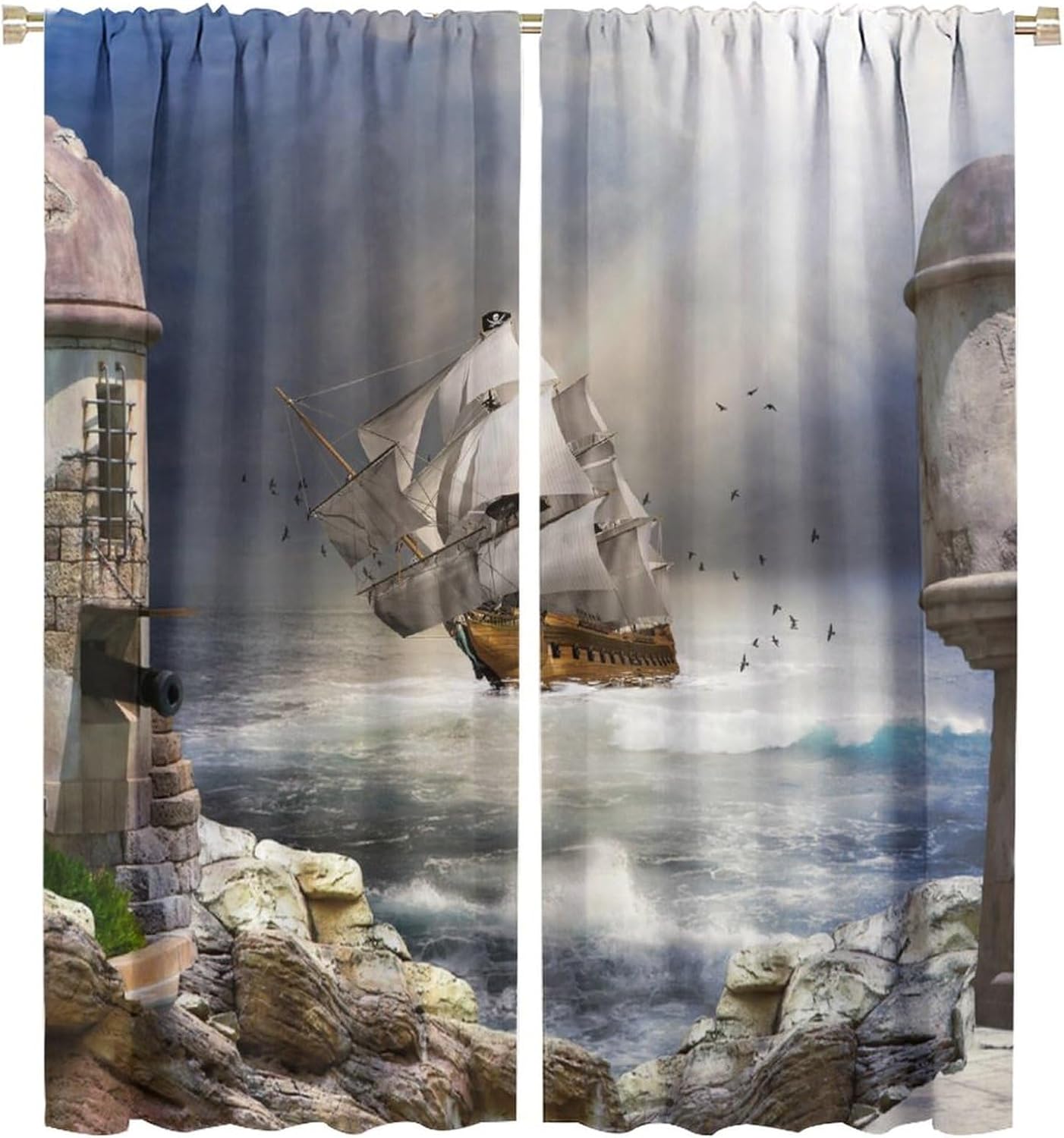 Brebasf Rustic Mid Century Pirate Ship Curtains for Living Room Watercolor Nautical Wooden Board Ship Coastal Lighthouse Thermal Insulated Rod Pocket Blackout Curtains/Drapes 2 Panels 63" L x 27.5" W