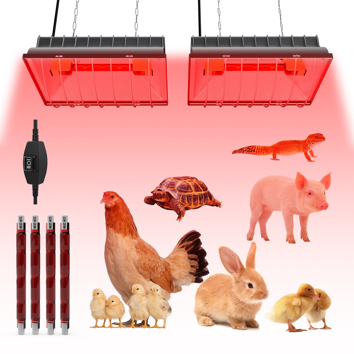 2 sztuki grzejnika do kurnika, aluminiowa lampa grzewcza dla 30 piskląt lub kaczek, 4 x 250 W, rura lampy grzewczej z 2 regulowanymi temperaturami i żelaznym łańcuchem 2,4 m, dla płazów, zwierząt