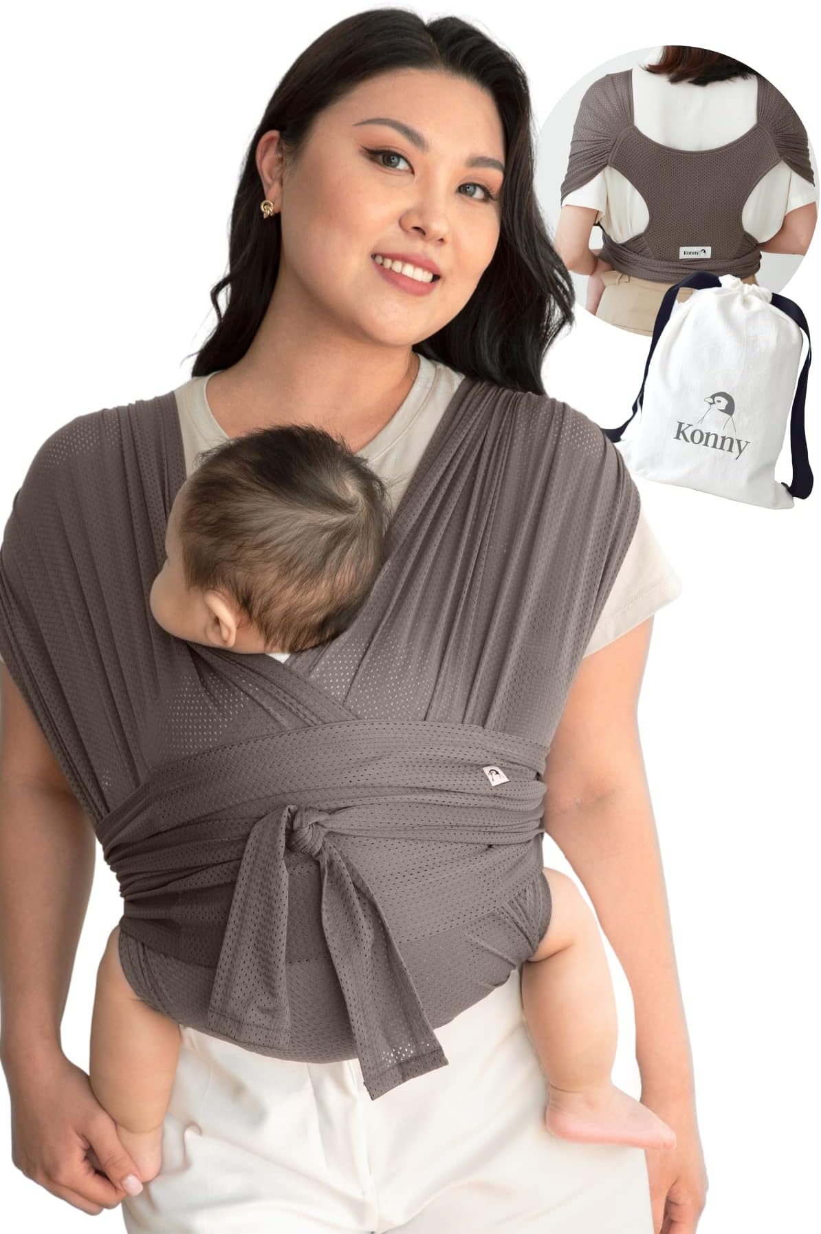 KonnyBaby Carrier AirMesh for Cozy Baby Carrier Wrap, Easy to Wear Baby Wrap Carrier, Perfect Essentials Cloths for Newborn Babies up to 44 lbs, (Mocha, XL)