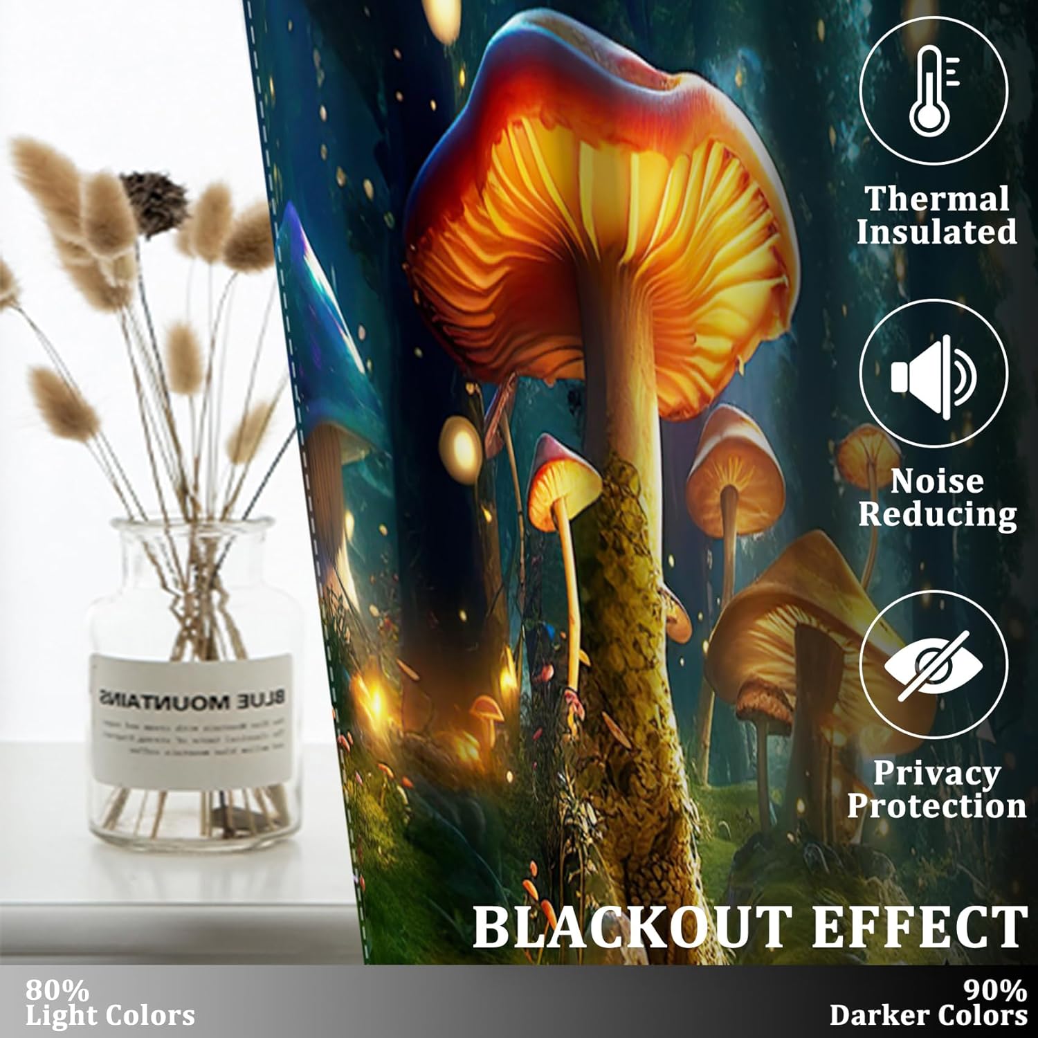 Renaiss Mushroom Wonderland Window Curtains Enchanted Forest Stone Path Blackout Drapes Fantasy Mushrooms Trees Grommet Window Treatments for Kitchen Bedroom Living Room 26x63 Inches x 2 Panels