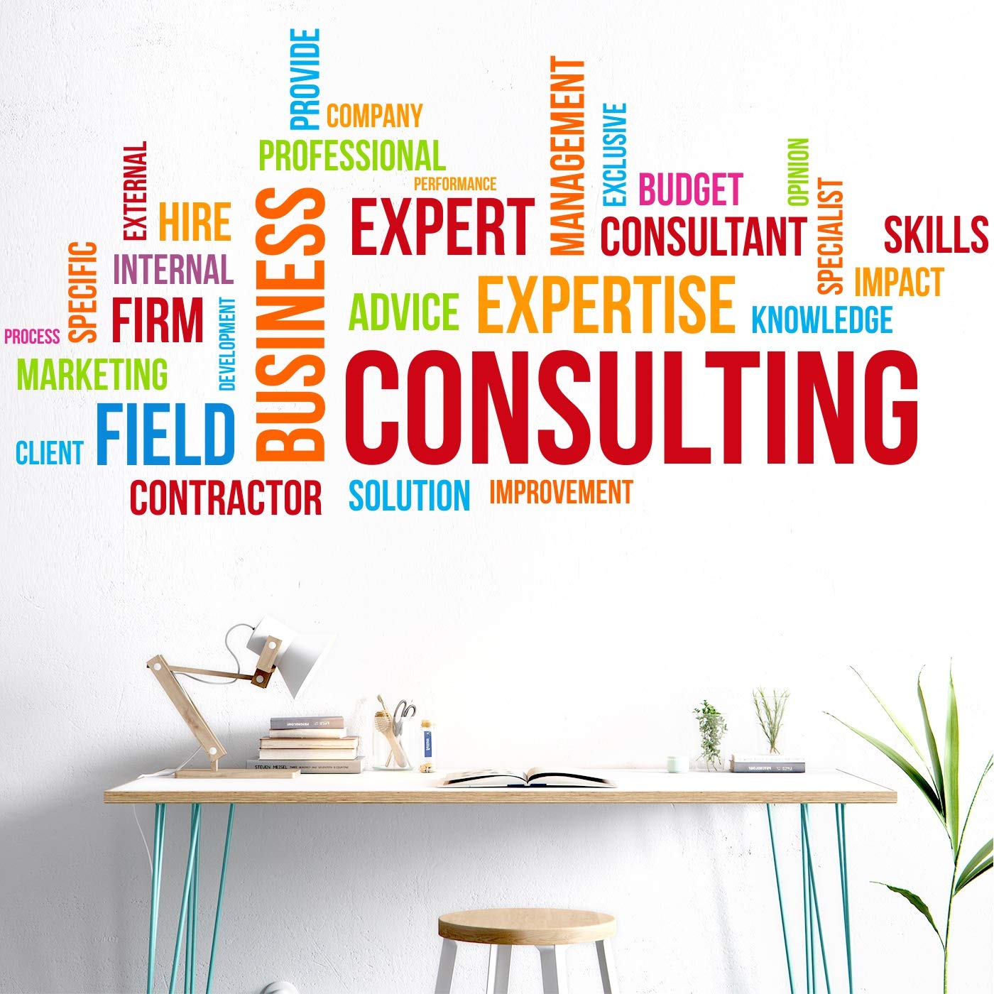 StickMe Business Consulting Word Cloud Wall Sticker – Multicolor Vinyl (140x70 cm) | Creative & Motivational Office Decor with Inspirational Words | Perfect for Workspaces, Startups & Meeting Rooms