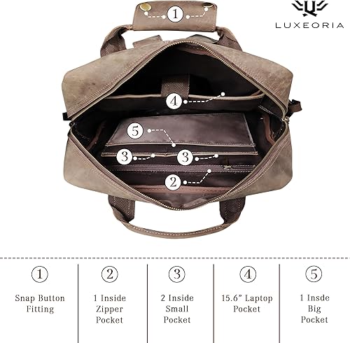 Miniatura 4 de LUXEORIA Mochila de cuero genuino para hombres y mujeres, estilo retro, mochila de cuero para hombre, bolsa de cuero para computadora portátil para