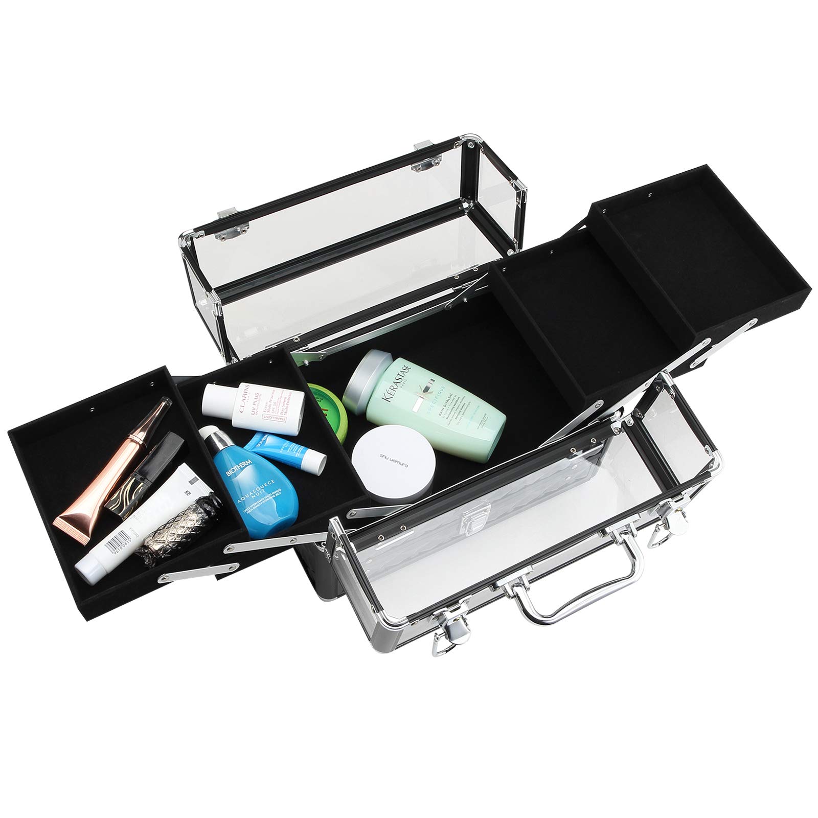 HOMCOM Maletín de Maquillaje Portátil 30x18,5x22 cm Transparente y Negro | Múltiples Niveles, Con Asa y Bandejas Desplegables, Aleación de Aluminio, Organizador Cosméticos