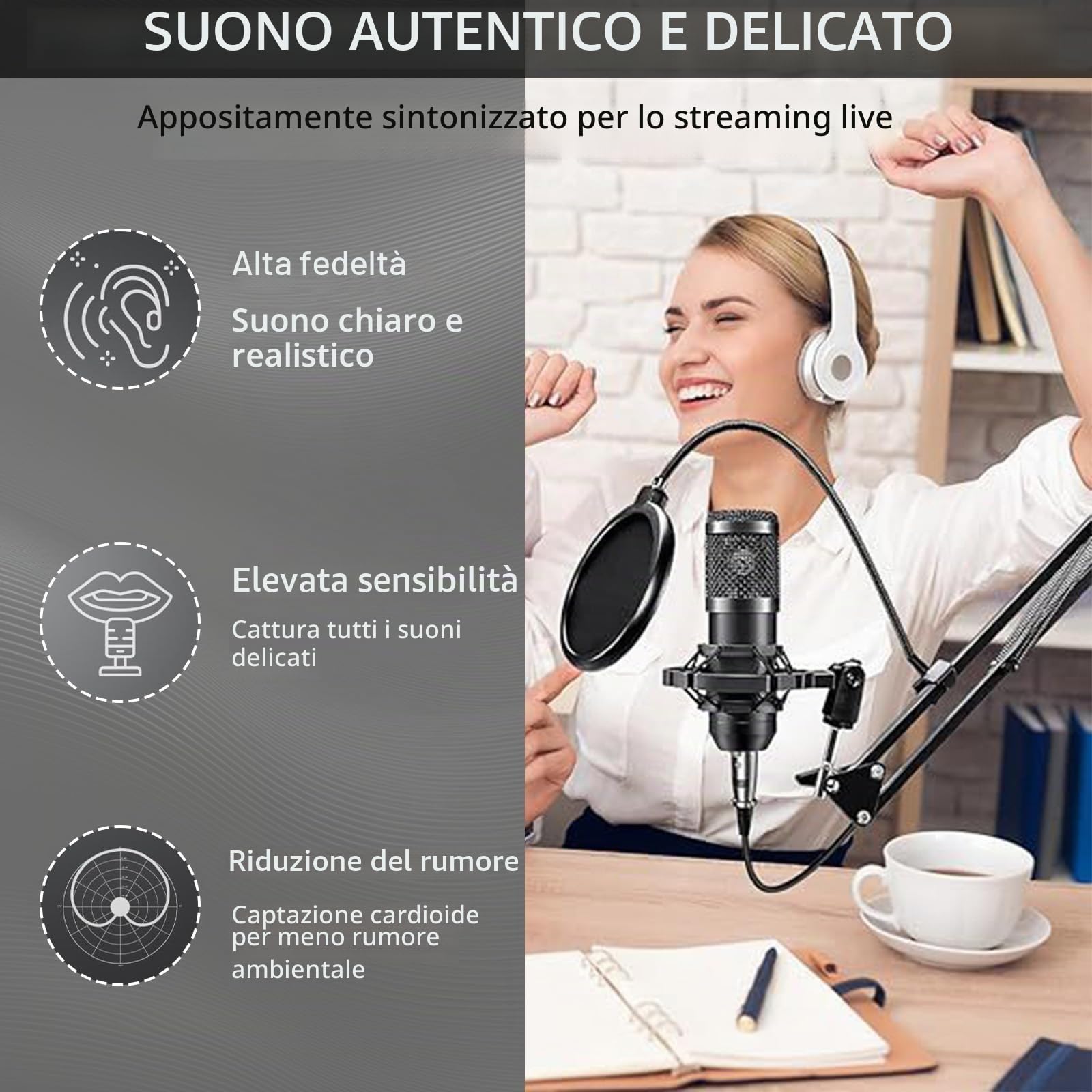BM800 Podcast - Set completo per 2, microfono da studio con funzione renale, interfaccia audio e mixer DJ, ideale per streaming live e cantare, TikTok & YouTube