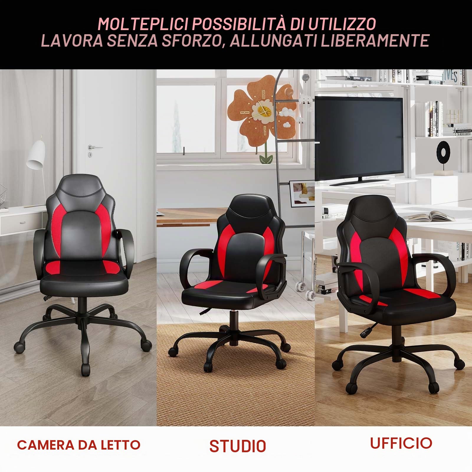 AnyGod Sedia Gaming, Sedia Da Computer Ergonomica Con Supporto Lombare, Altezza Regolabile, Ruote Girevoli, Adatta Per Casa, Ufficio, Adulti, Adolescenti, Bambini E Giocatori, Rossa