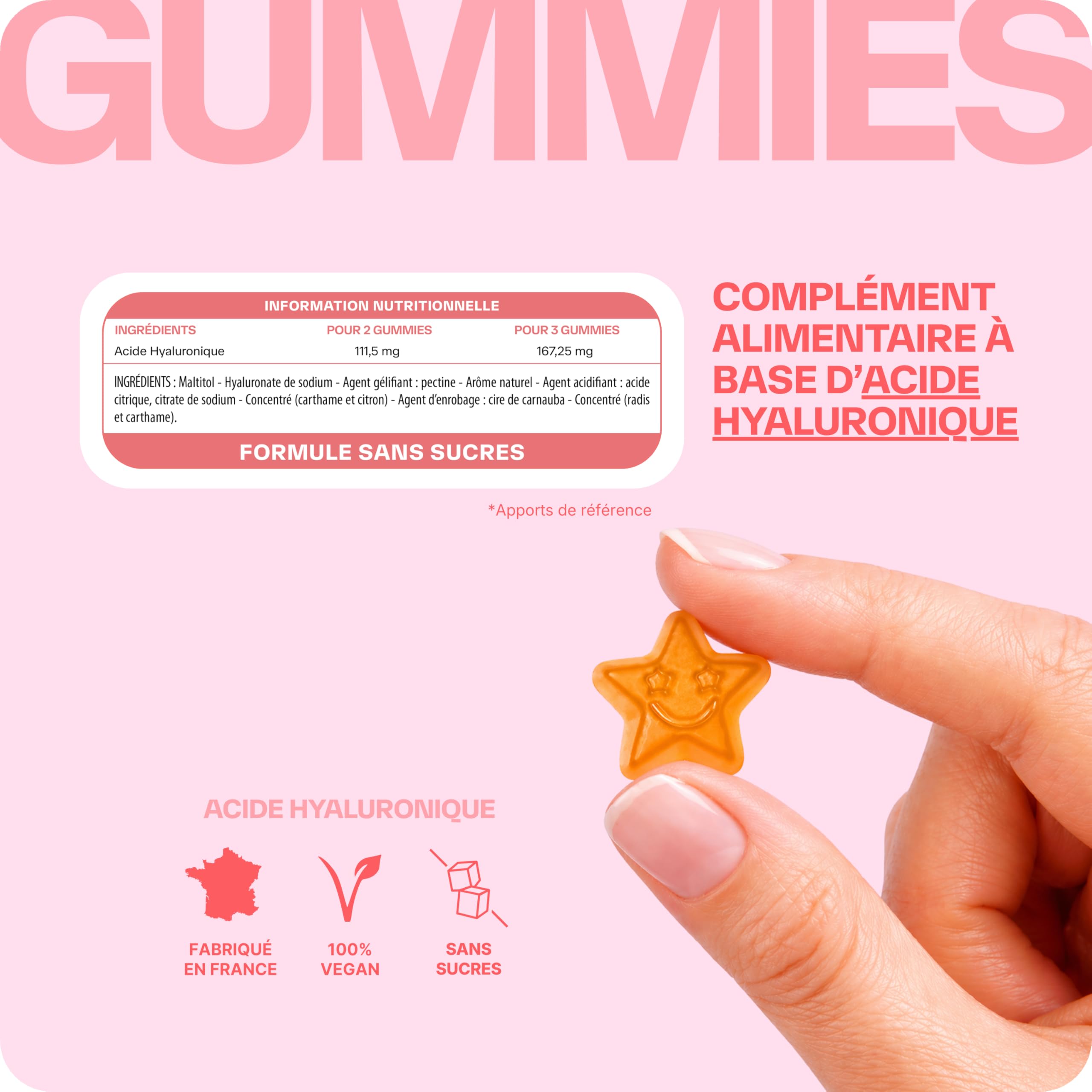 Lashilé Beauty - Complément Alimentaire - Favoriser l'éclat et l'élasticité de la peau - Mono Ingredient - Acide Hyaluronique - Made in France - Cure 3 Mois 180 Gummies