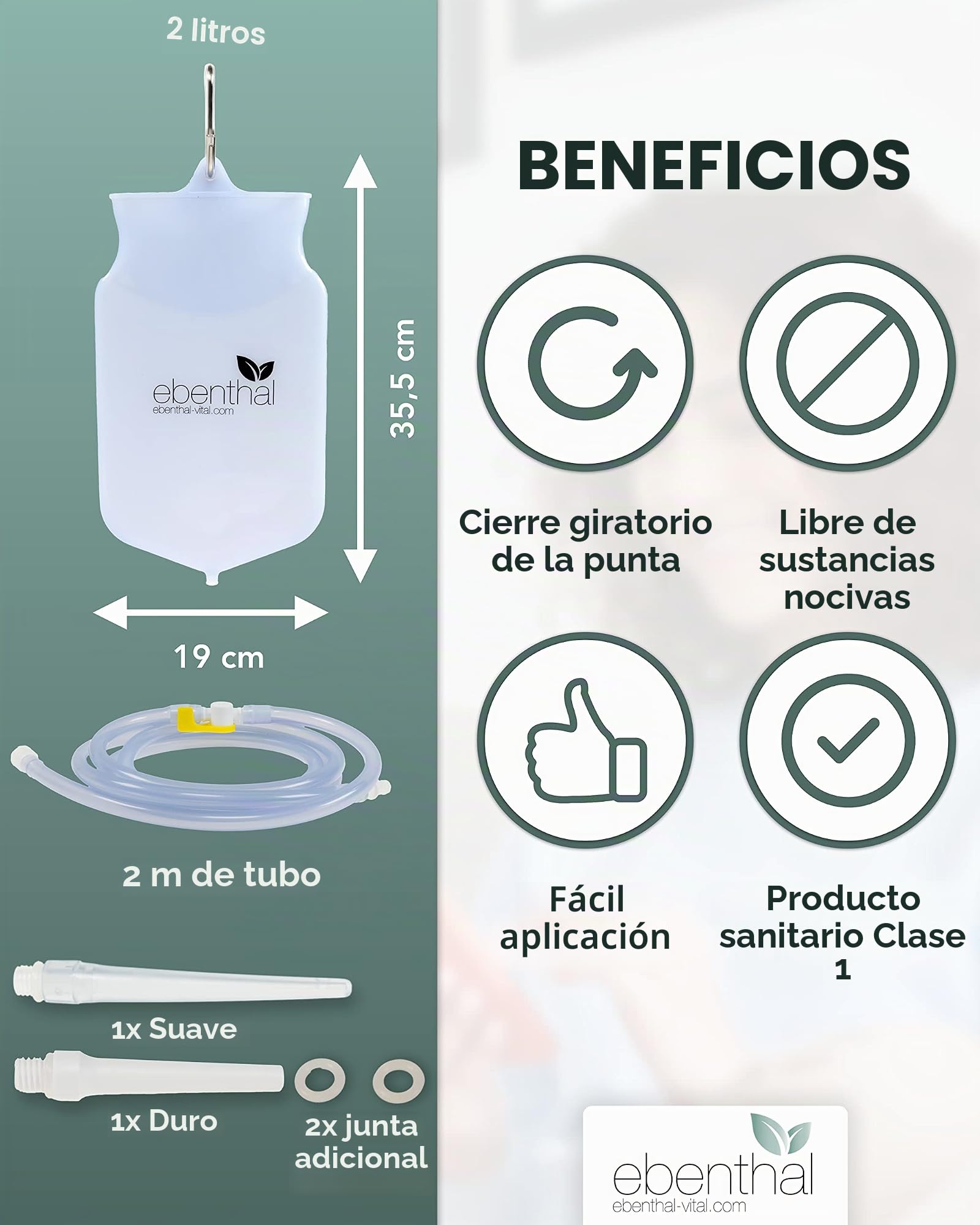 Enemas anales Premium EBENTHAL VITAL® • 2l para limpieza de colon con bolsa práctica e instrucciones • Enema anal • Juego de alimentación para el ayuno