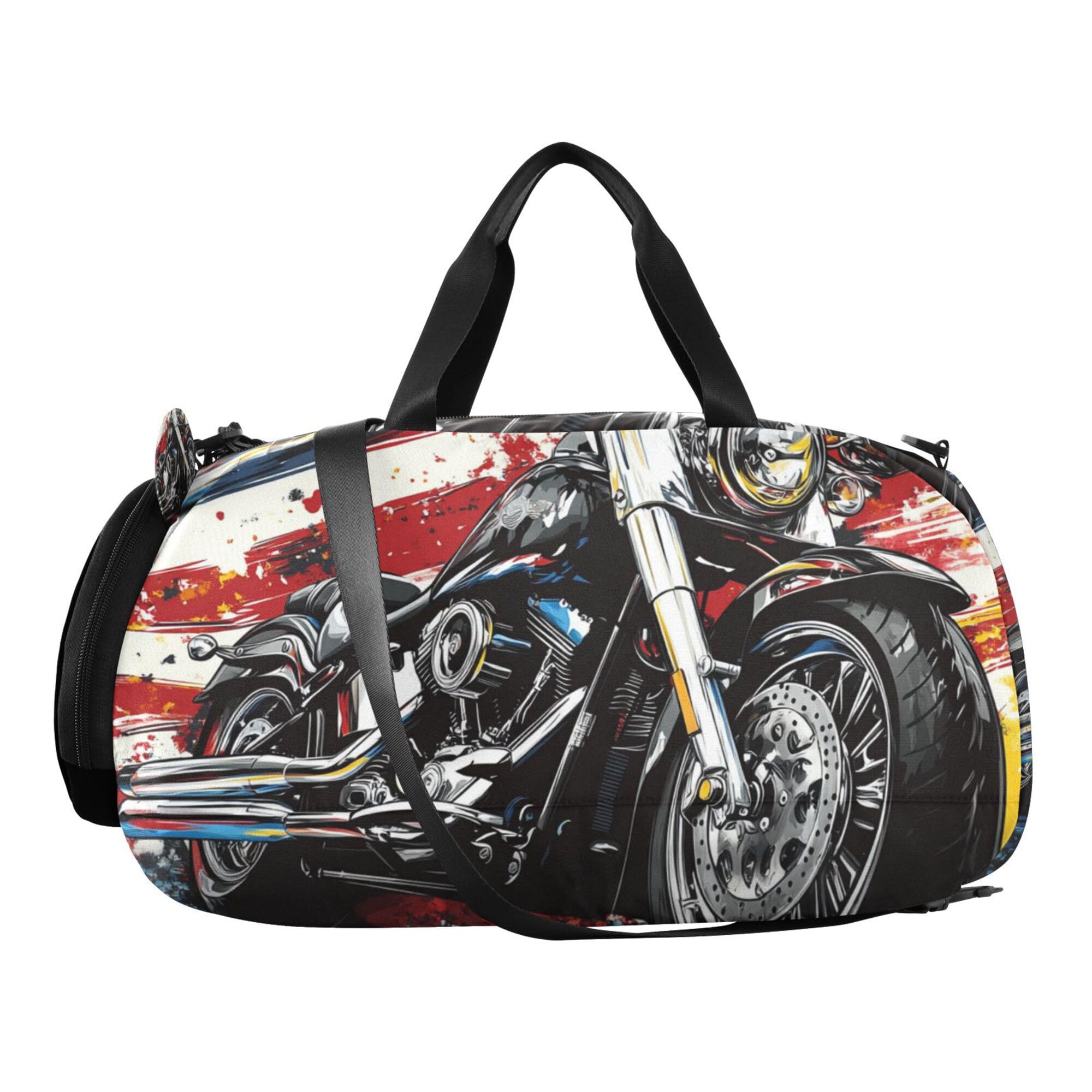 Glaphy Motocycle with American Flag Duffle Bag for Toddler Boys Girls, Gym Sports Bag with Shoe Compartments, Kids Travel Overnight Weekender Shoulder Bag