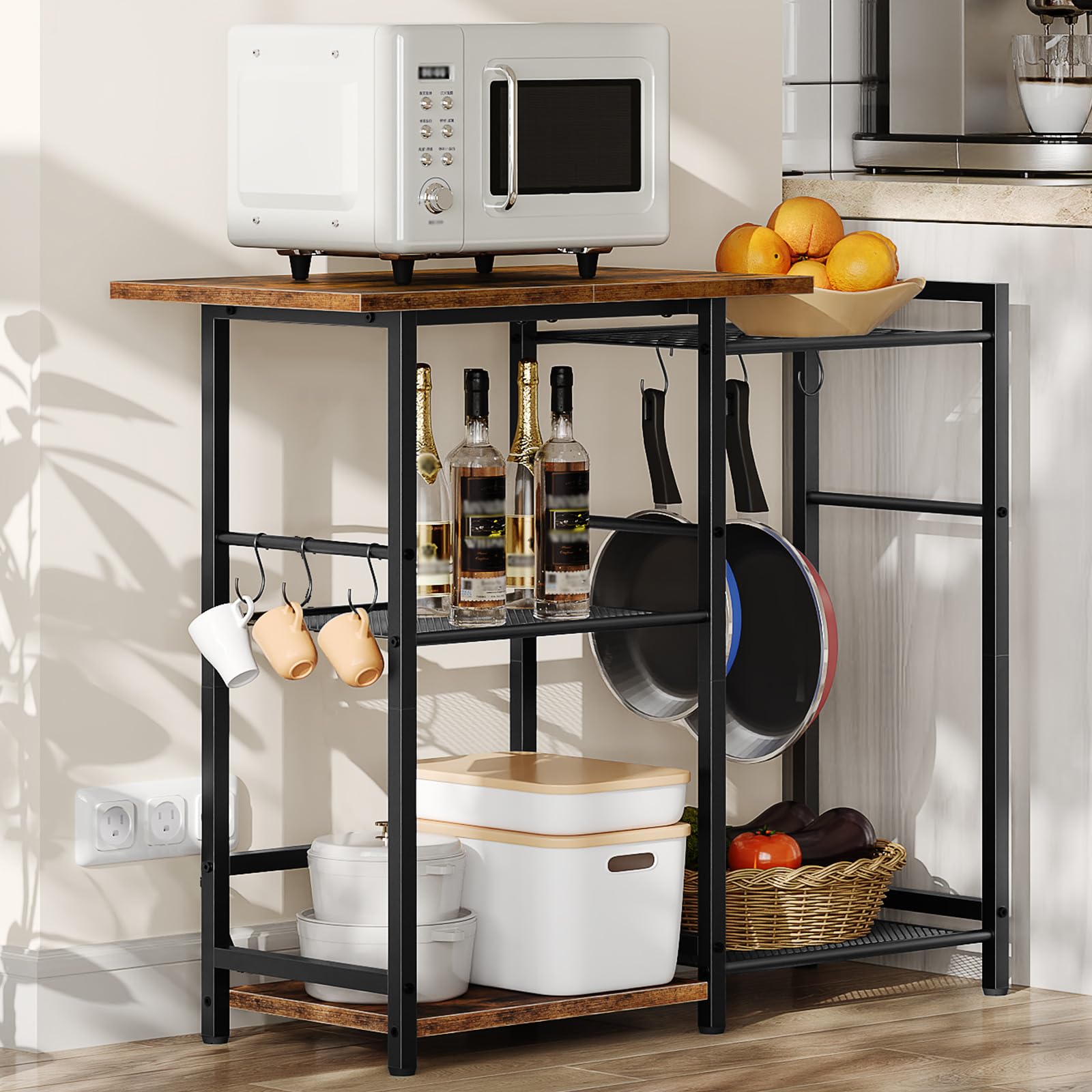 HOOBRO Estantería de Panadería, Organizador de Cocina, Estante de Microondas, Estación de Bar de Café, para Espacios Pequeños, Comedor, Marrón Rústico y Negro EBF15HB01