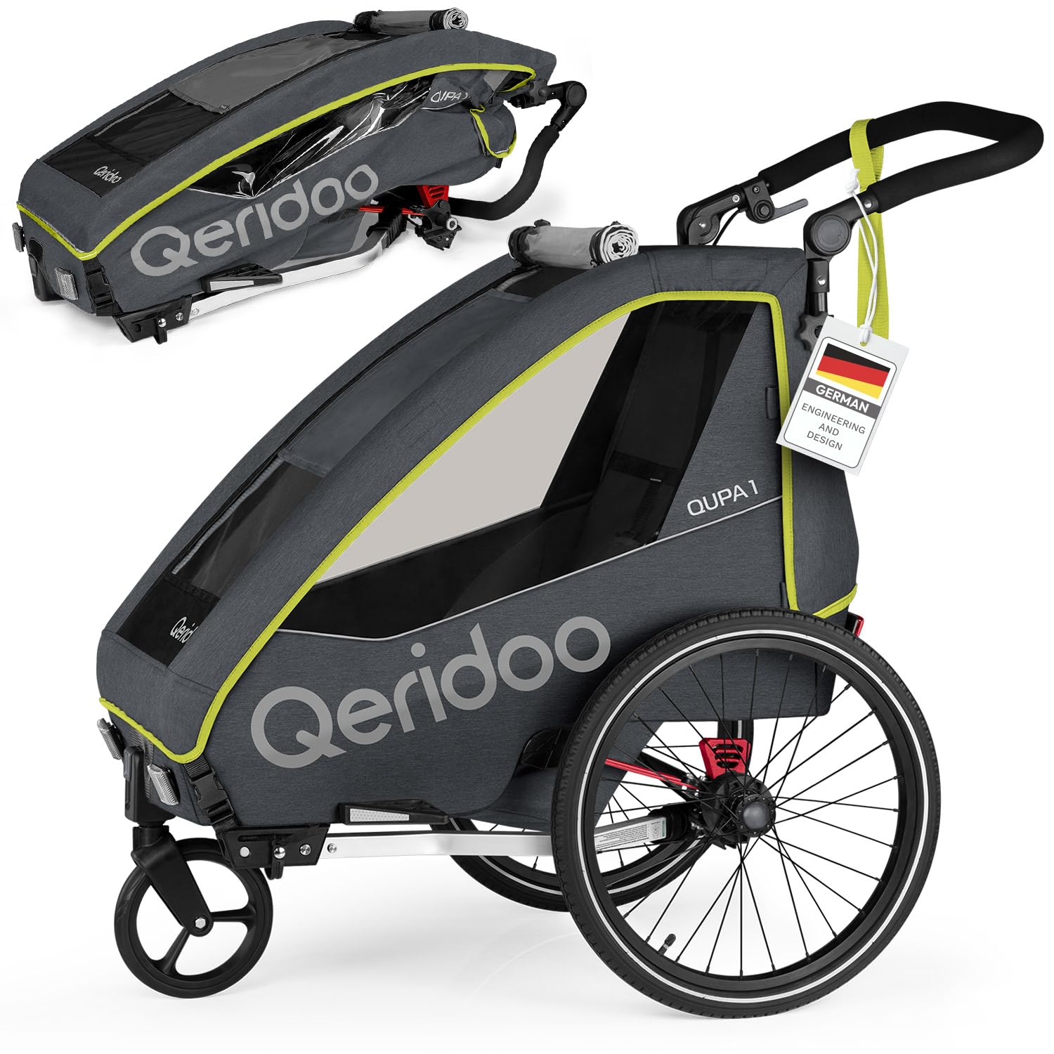 Qeridoo QUPA 1 Lime | Fahrradanhänger 1 Kind | Kinder Fahrradanhänger mit Blattfederung & Handparkbremse | Jogger Kinderwagen | Kinderfahrradanhänger | Kinderbuggy | Fahrrad Anhänger Kinder