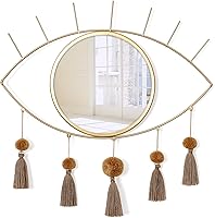 KHOYIME Evil Eye Boho Gold Wall Mirror - Decorative Metal Hanging Mirror with Tassels, Bohemian Macrame Wall Art for Bedroom Living Room