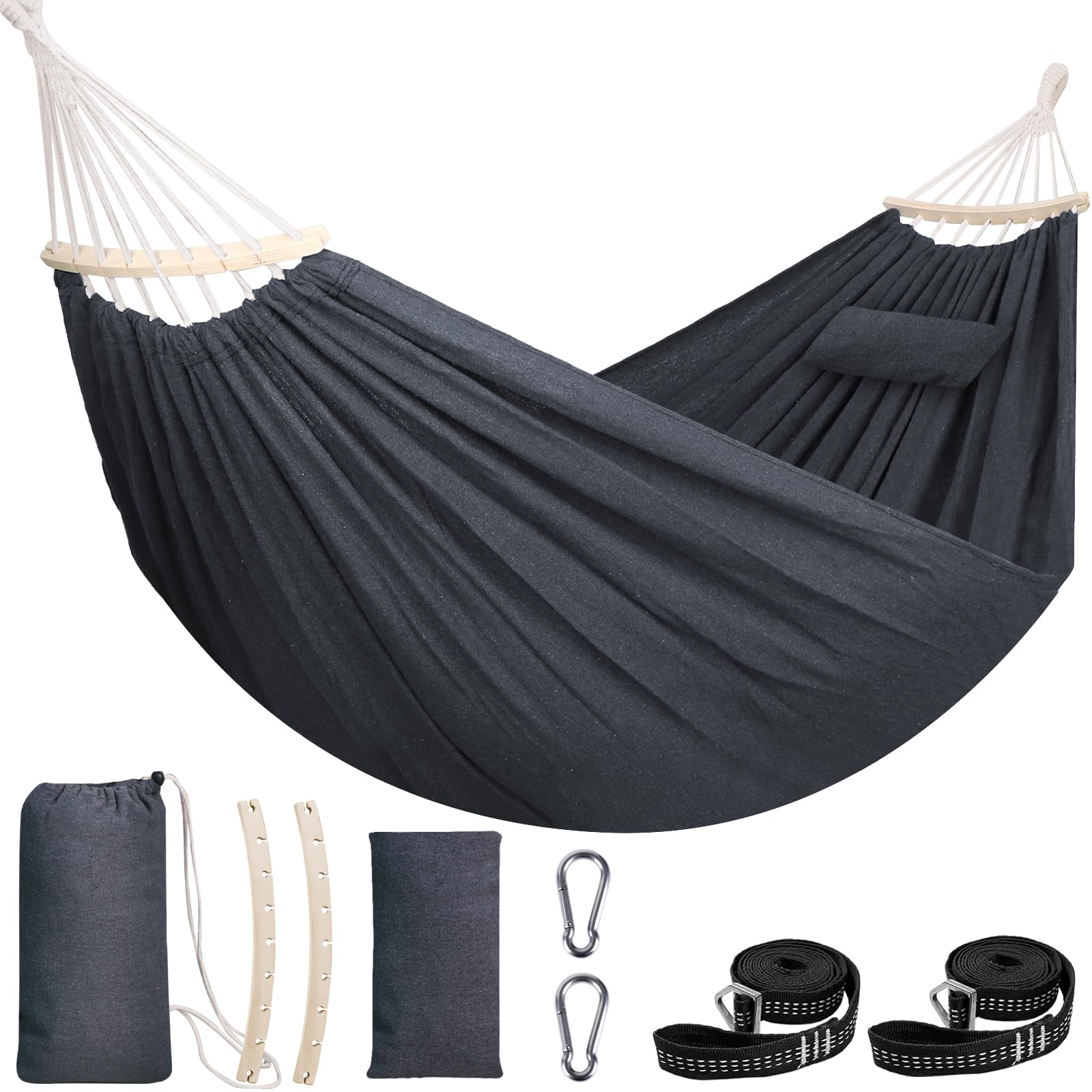 Chihee Hängematte aus Baumwolle weiche 300x150cm, atmungsaktive Camping-Hängematte Tragkraft bis zu 300 kg Tragbare Baumhängematten mit Abnehmbarer Spreizstange Kissen2 Starke Gurte 2 Karabinerhaken