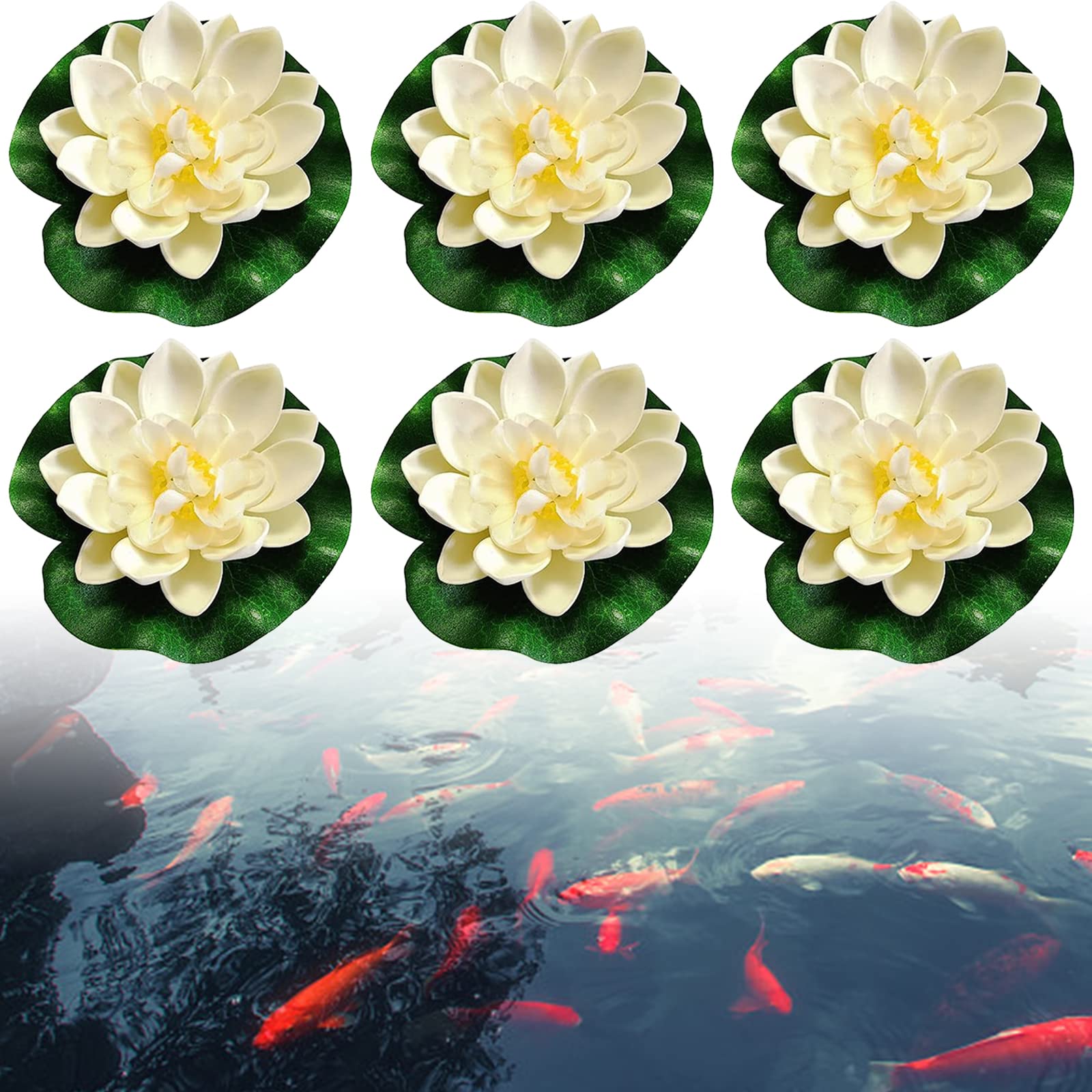 Flores flotantes, 6 unidades de lirios de agua artificiales, lirios de agua flotantes, flores artificiales, simulación de loto para acuario, terraza, jardín, piscina, estanque (blanco)