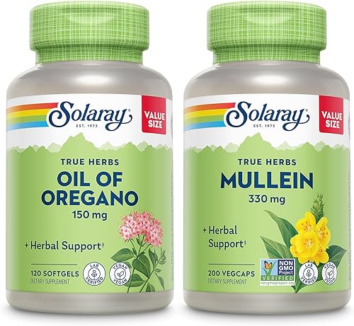 SOLARAY Aceite de orégano cápsulas blandas de 150 mg y hoja de gordolobo 330 mg - Paquete de apoyo para el bienestar - Cápsulas de aceite de orégano
