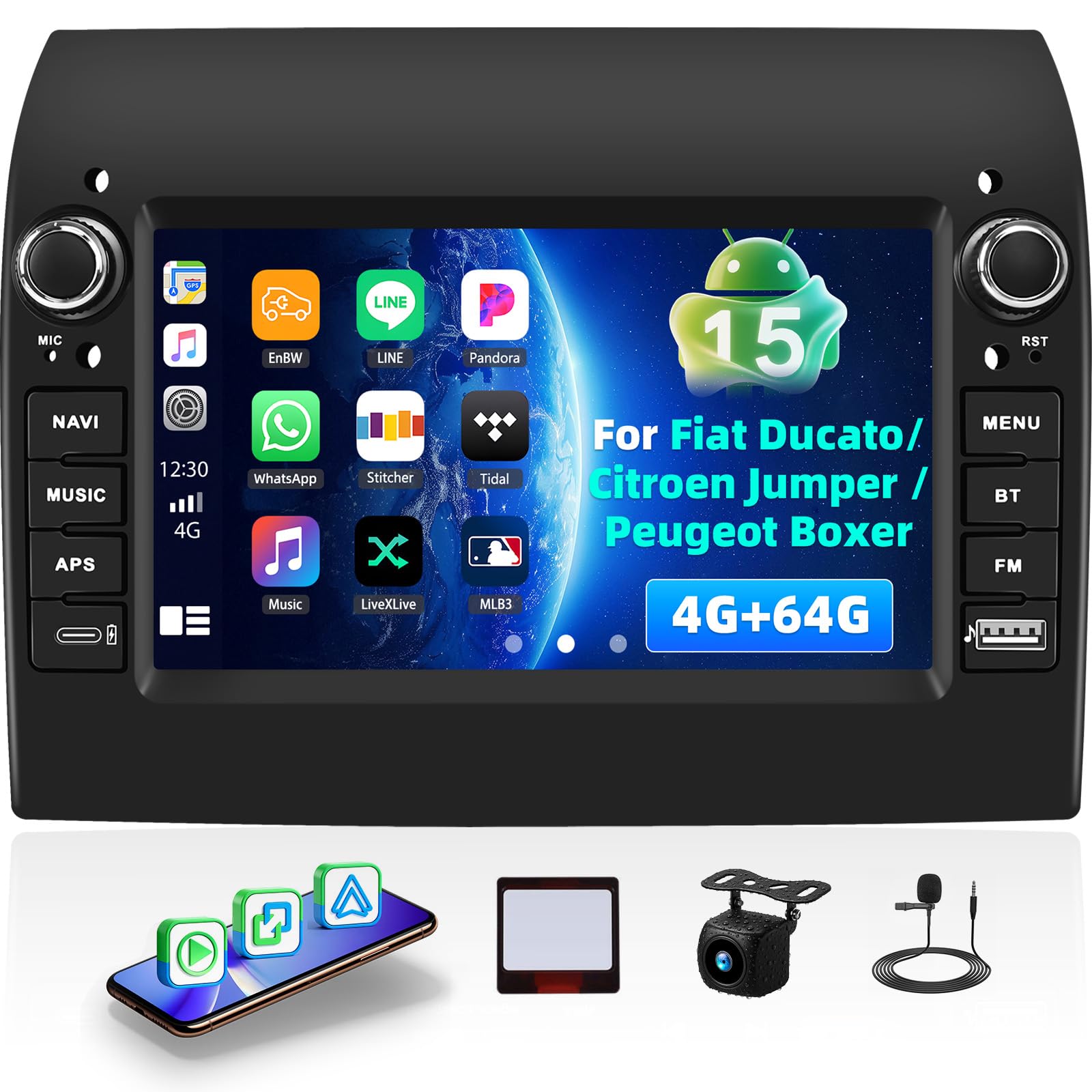 4G+64G Android 15 Carplay Android Auto Radio para Fiat Ducato 2008-2015 Citroen Jumper/Peugeot Boxer 2011-2015 Pantalla Radio Coche 9 Pulgadas con WiFi GPS SWC Bluetooth FM RDS Cámara de Marcha Mic