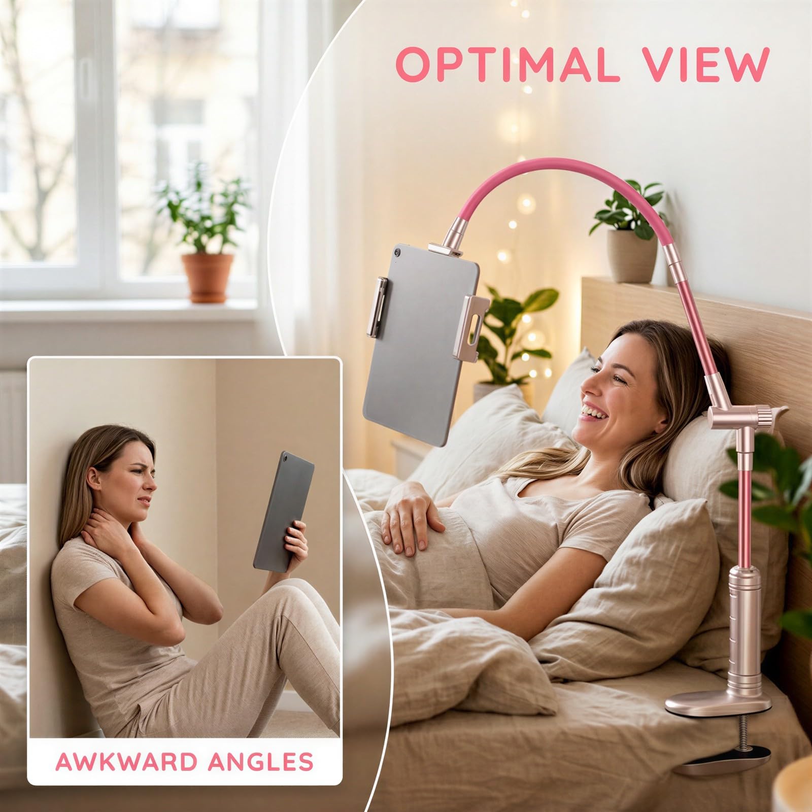 Support de Tablette Flexible, Bras Long pour lit et Bureau, Support Pince Rose pour téléphone, Rotatif à 360 degrés, Bras col de Cygne pour Films et Lecture, réglable et Pratique au Quotidien