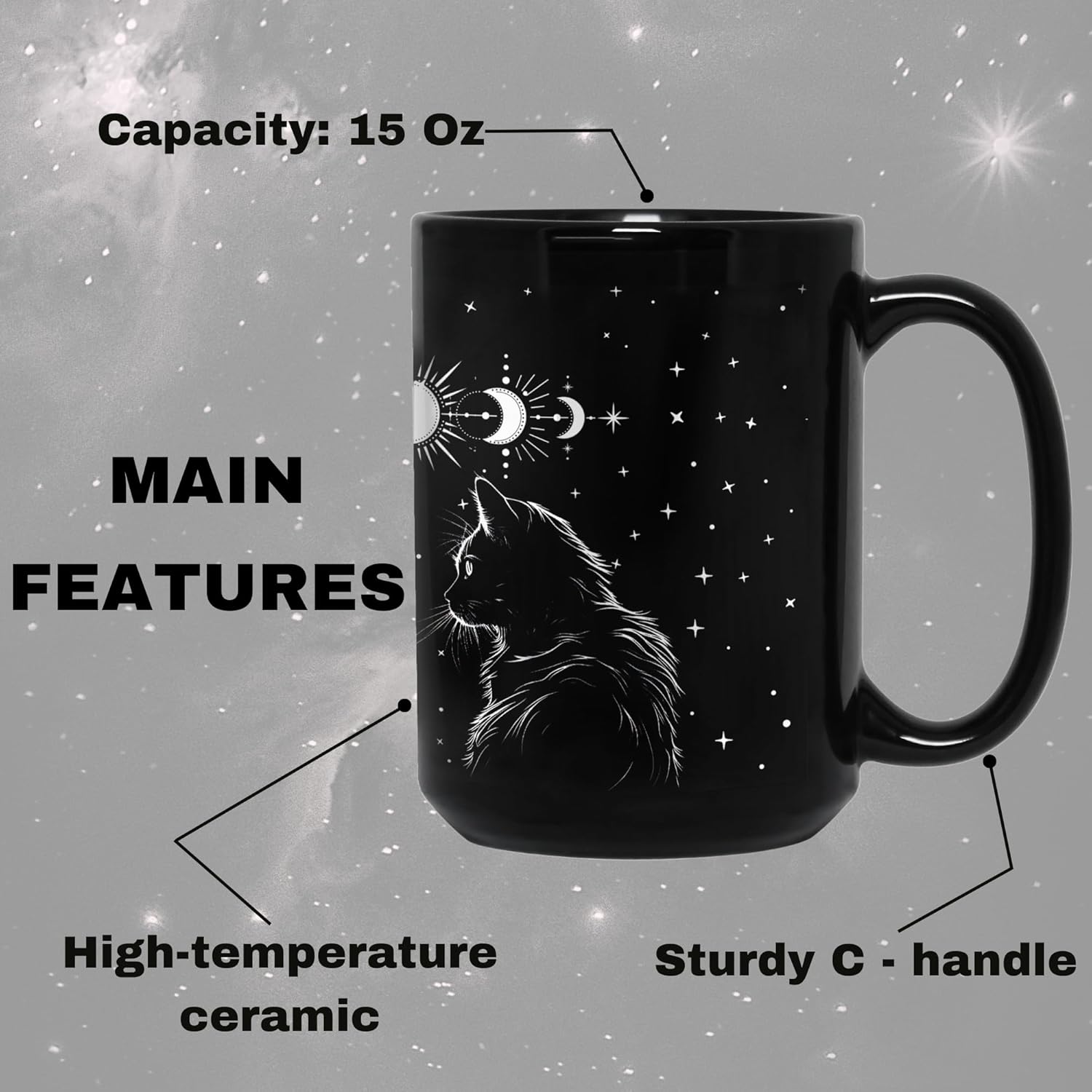 Black Cat Mug 15oz Cat Lover Gifts for Women Funny Goth Coffee Mug - Witch, Goth Decor Christmas Cup With Cats Goth Gift Witchy Gifts for Women, Men - Xmas Decorations Cats Christmas Gothic Home Decor - Image 3