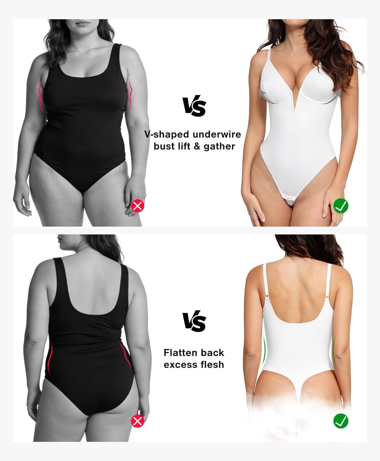 Popilush Shapewear Bodysuits for Women - Tummy Control Body Suits for Womens Deep V Corset Tops Thong Concert Outfits
