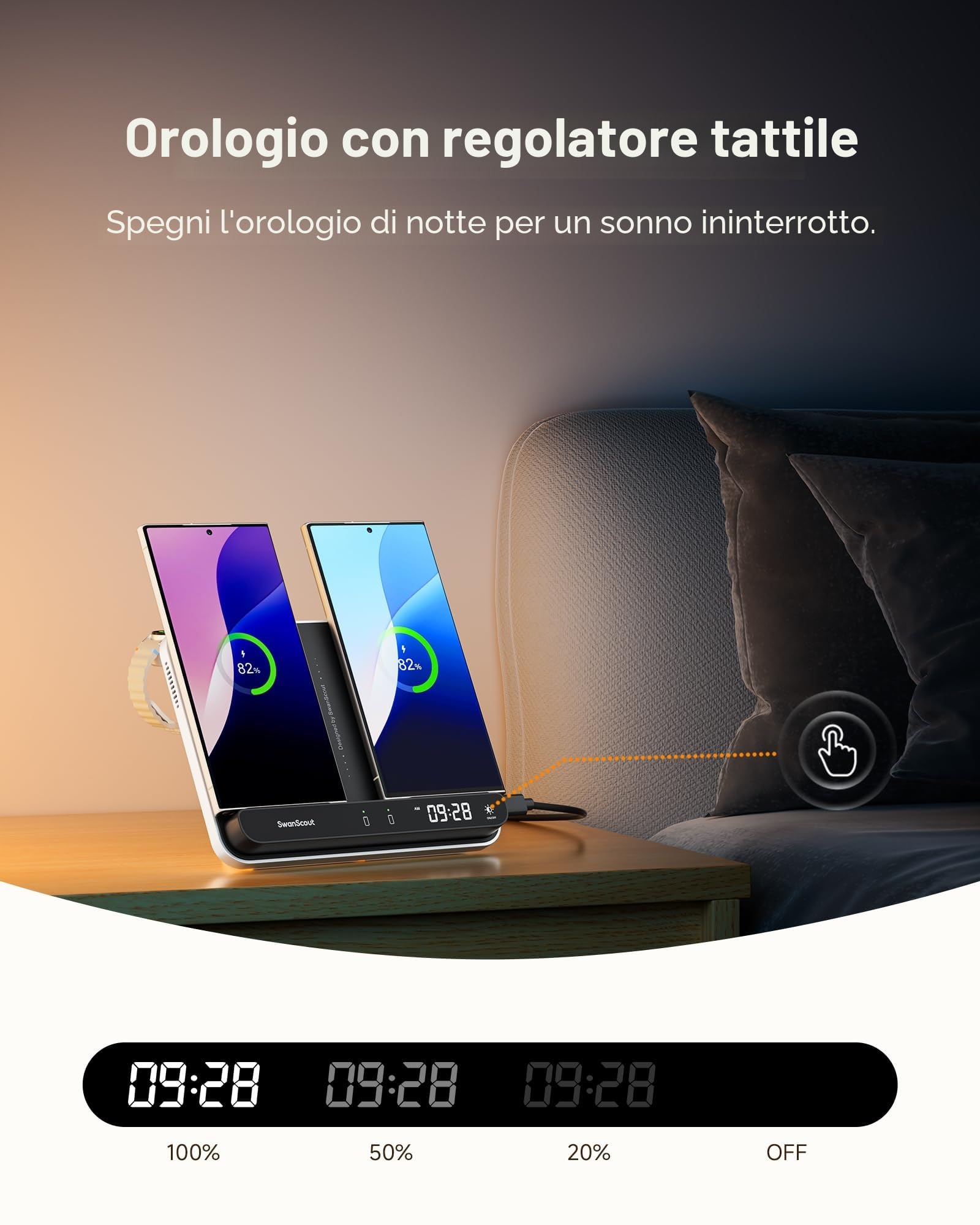 SwanScout Caricatore Wireless per Samsung Galaxy S25 Ultra/S25/Z Flip 7/Z Fold 6, Doppia Stazione di Ricarica per iPhone 17/16/15 Series, Caricatore per Galaxy Watch 8/8 Classic/Ultra, SwanScout 710S