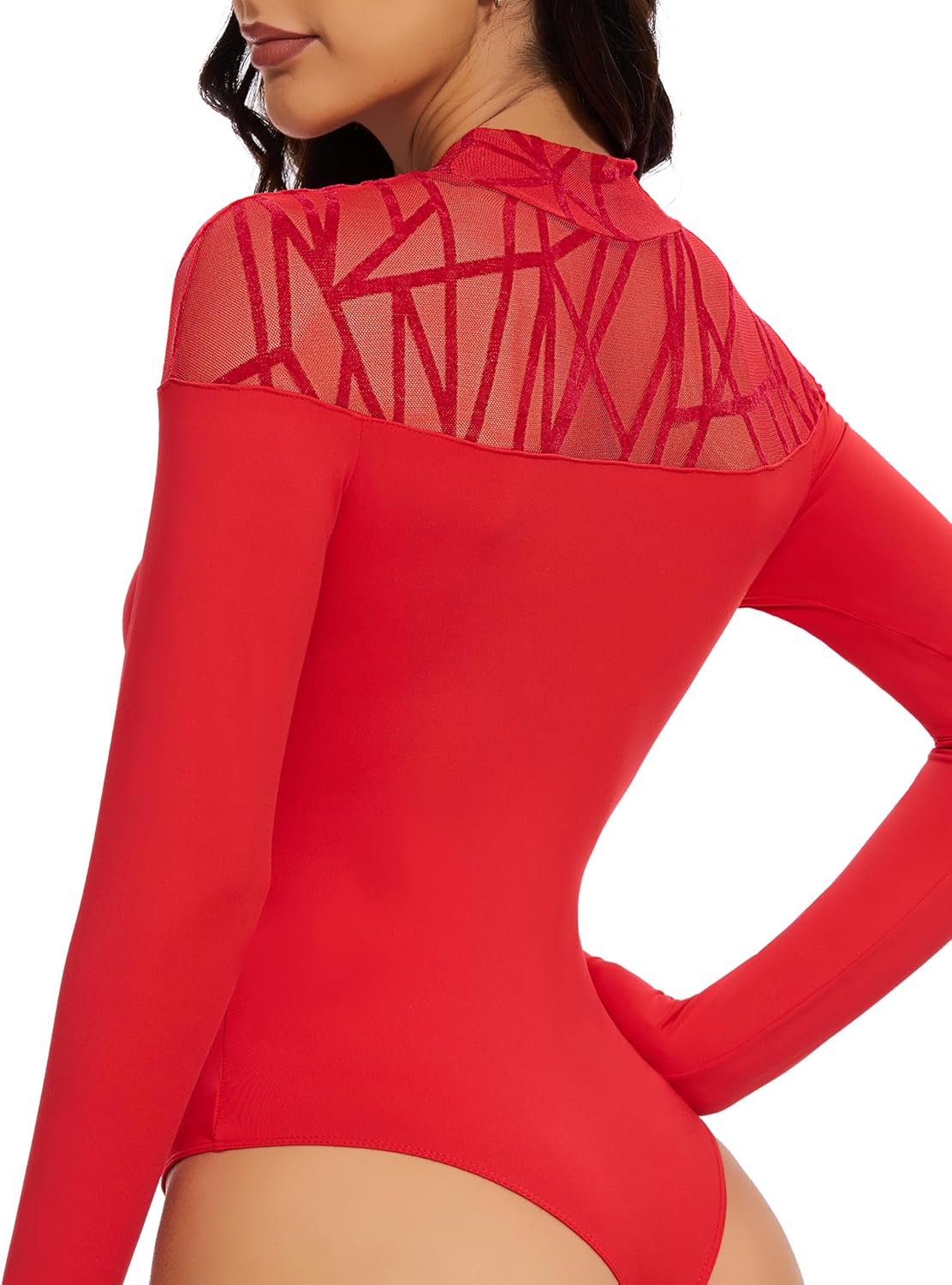 Aranmei Women’s Sexy Mock Turtle Neck Long Sleeve Shirts Sheer Mesh Geo Print Going Out Bodysuit Tops - Image 4