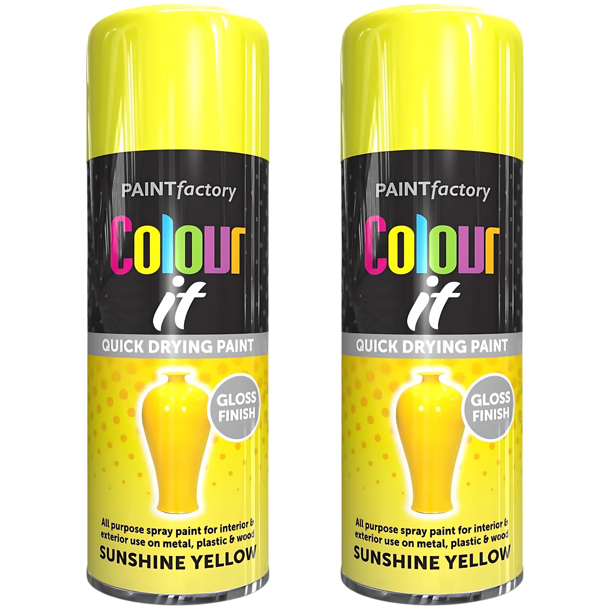Paint Factory All Purpose Yellow Spray Paint Pack 2 (400ml Each) - Gloss Finish Interior and Exterior Yellow Spray Paint for Metal, Plastic, and Wood