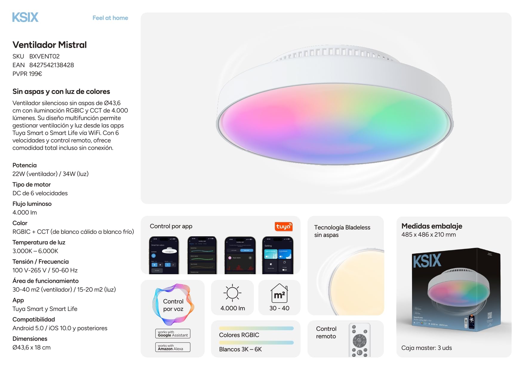 KSIX Mistral Ventilador de techo sin aspas con luz LED regulable RGBIC+CCT, 4.000 lm, Ø43,6 cm, 6 velocidades, Temporizador, App Tuya Smart