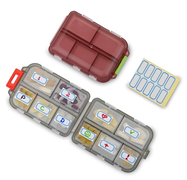 2 Pack Travel Portable Pill Organizer Pocket Size with 10 Compartments 10 Sticky Notes Small Fold Pill Boxes